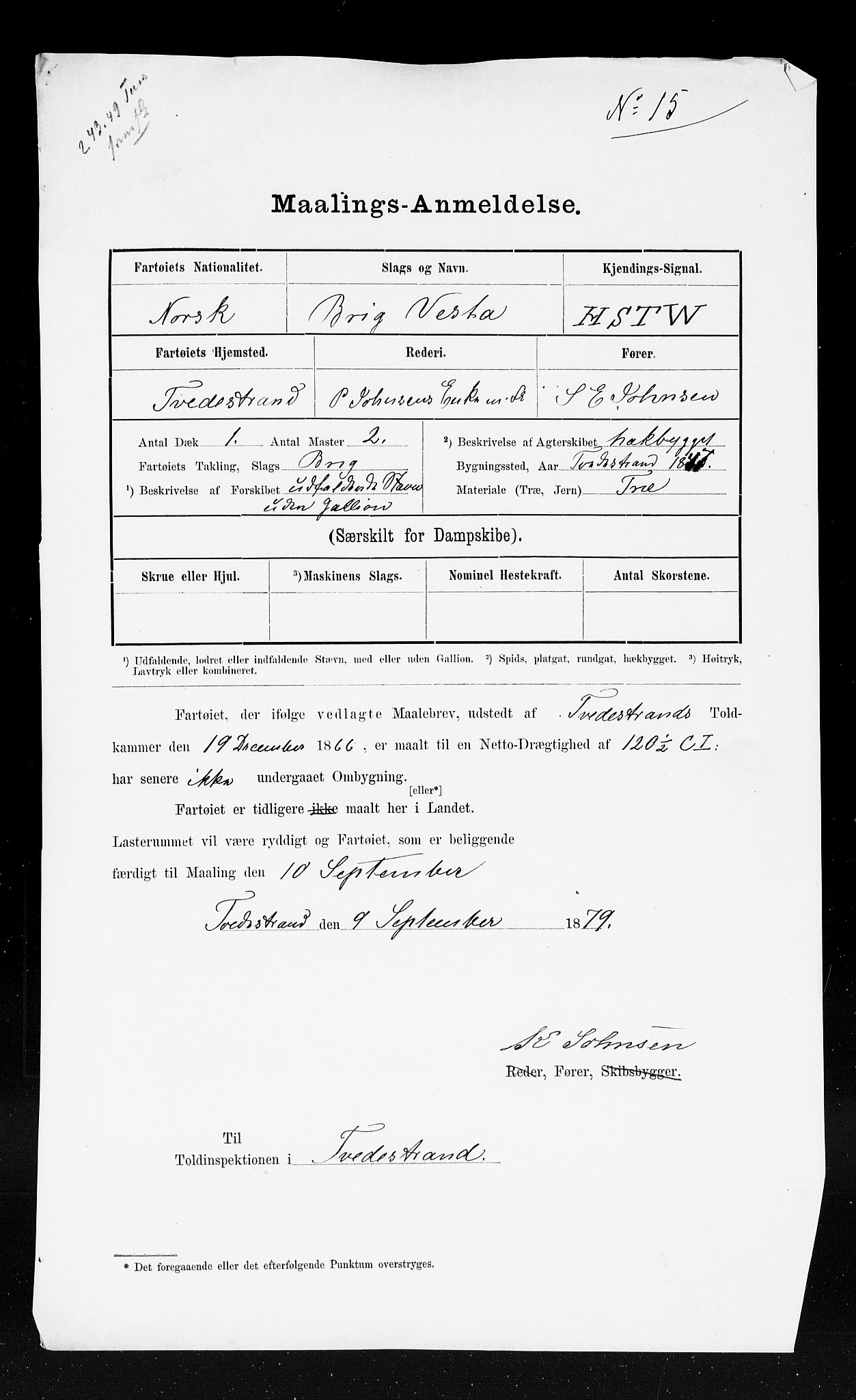 Tvedestrand tollsted, AV/SAK-1351-0011/H/Ha/L0144: Målebrev, 1871-1948, p. 251