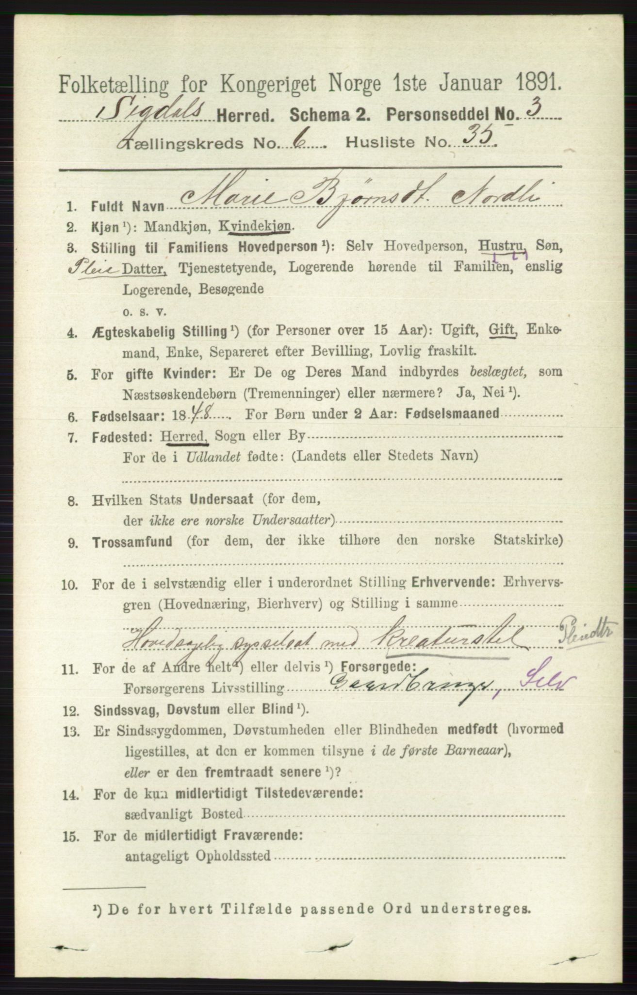 RA, 1891 census for 0621 Sigdal, 1891, p. 2613