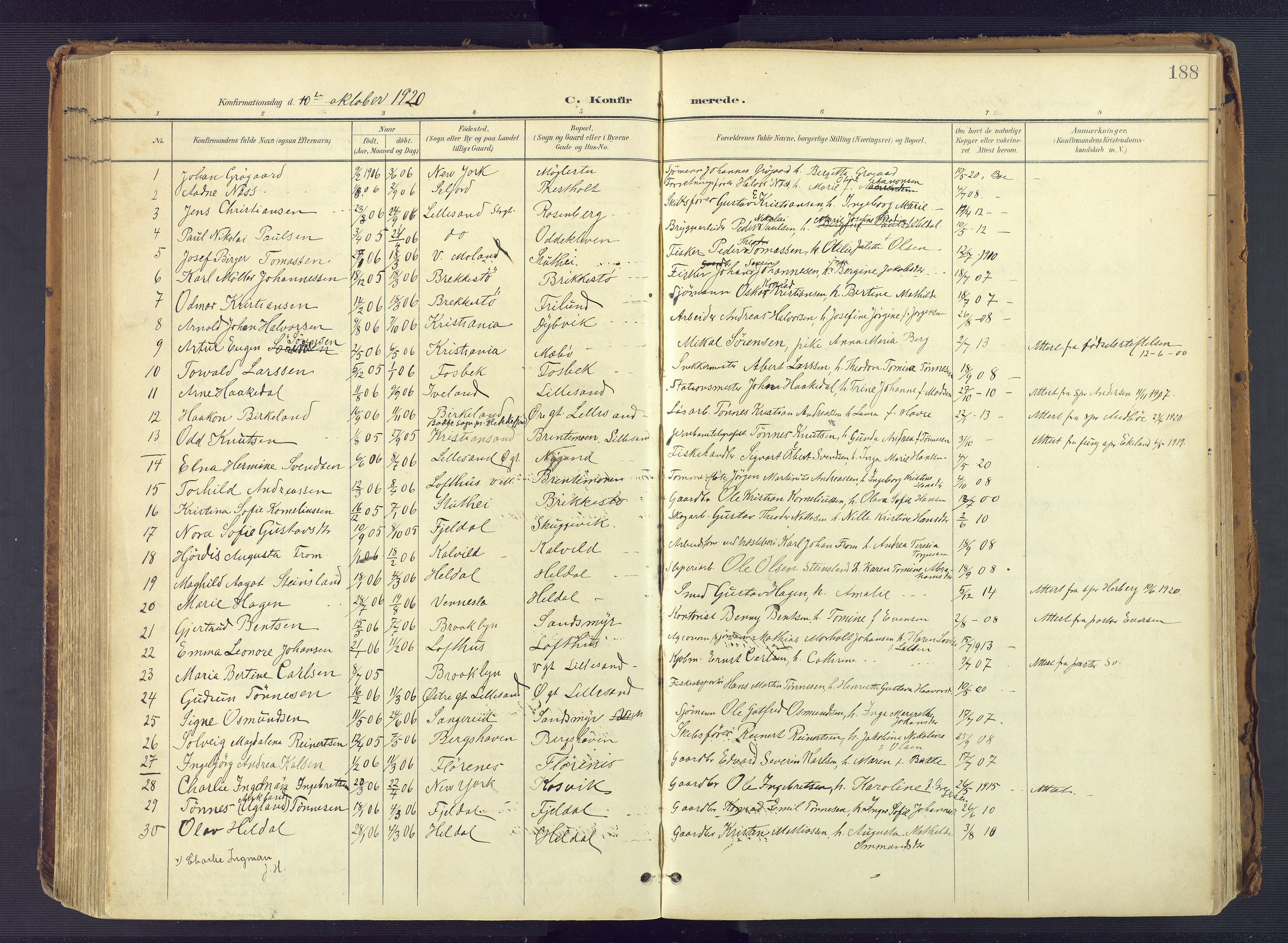 Vestre Moland sokneprestkontor, SAK/1111-0046/F/Fa/Fab/L0010: Parish register (official) no. A 10, 1900-1926, p. 188