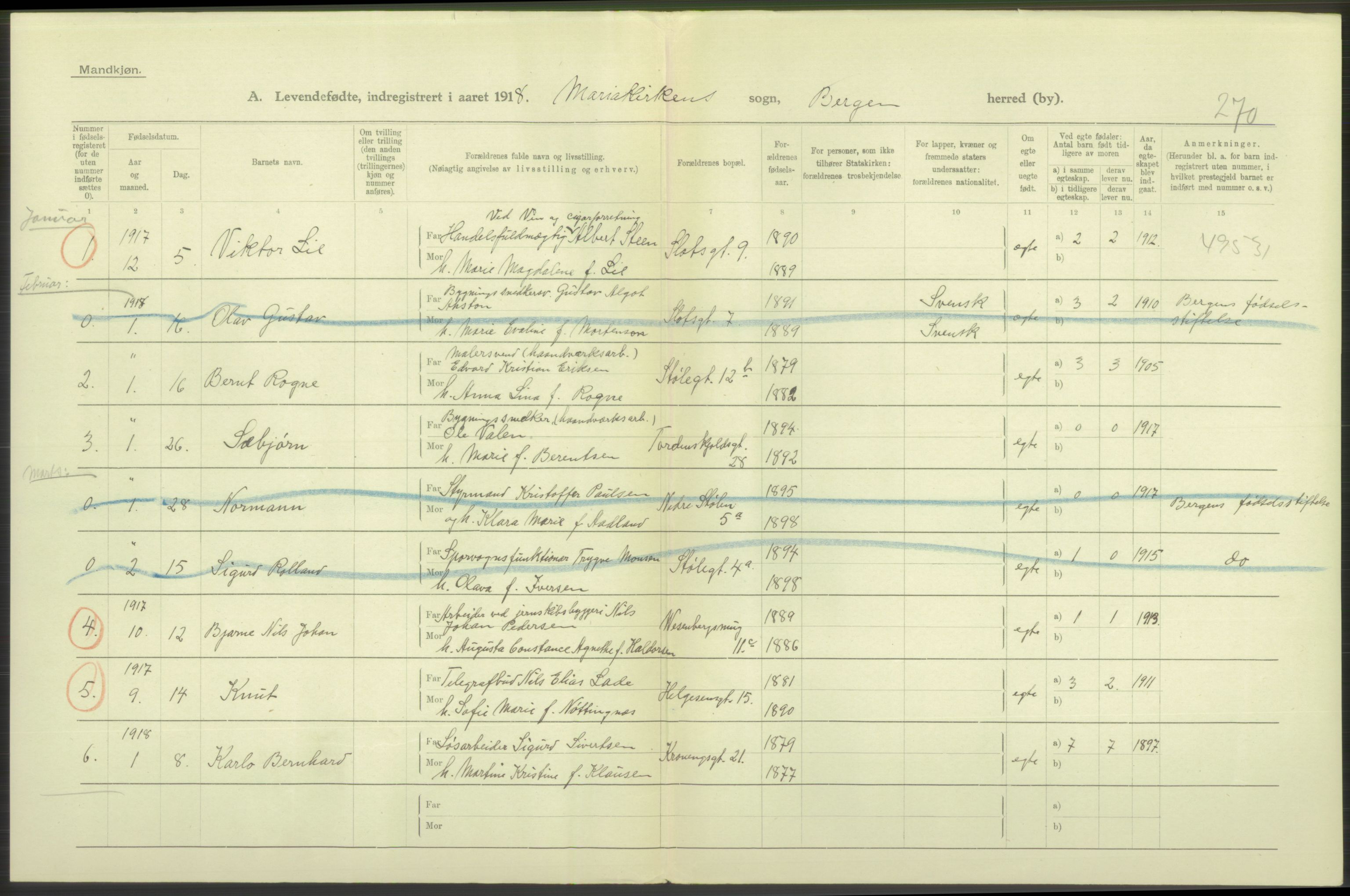 Statistisk sentralbyrå, Sosiodemografiske emner, Befolkning, AV/RA-S-2228/D/Df/Dfb/Dfbh/L0037: Bergen: Levendefødte menn og kvinner., 1918, p. 348