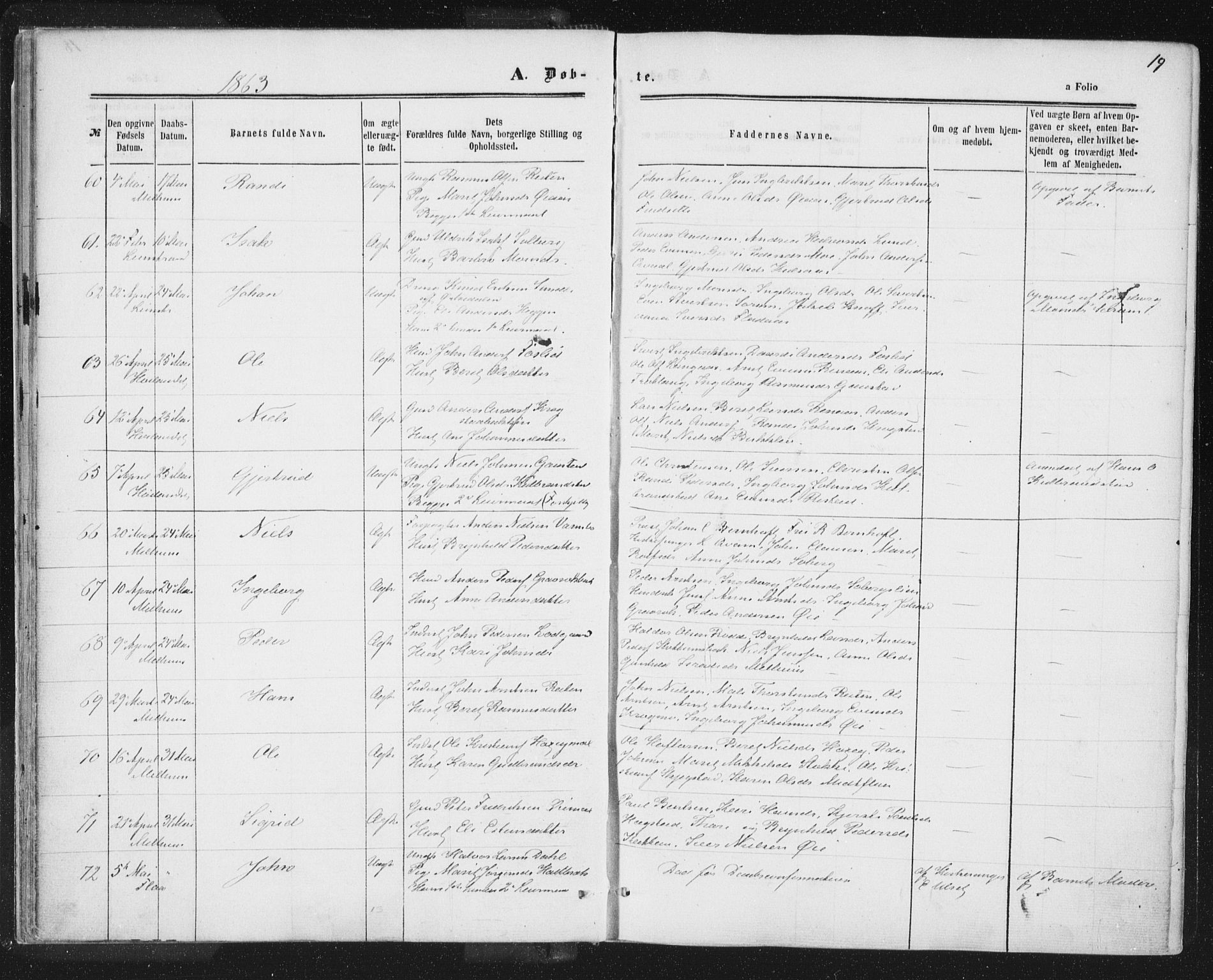 Ministerialprotokoller, klokkerbøker og fødselsregistre - Sør-Trøndelag, AV/SAT-A-1456/691/L1077: Parish register (official) no. 691A09, 1862-1873, p. 19