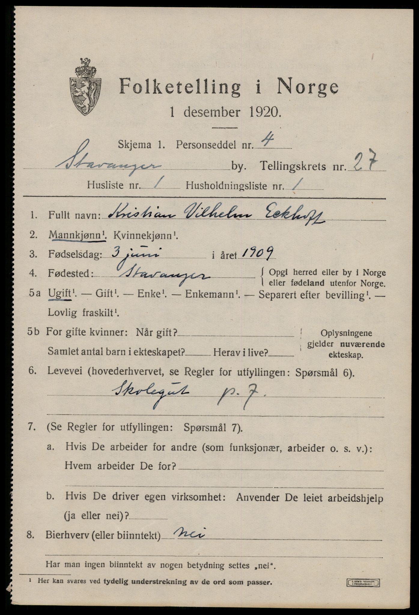 SAST, 1920 census for Stavanger, 1920, p. 79060