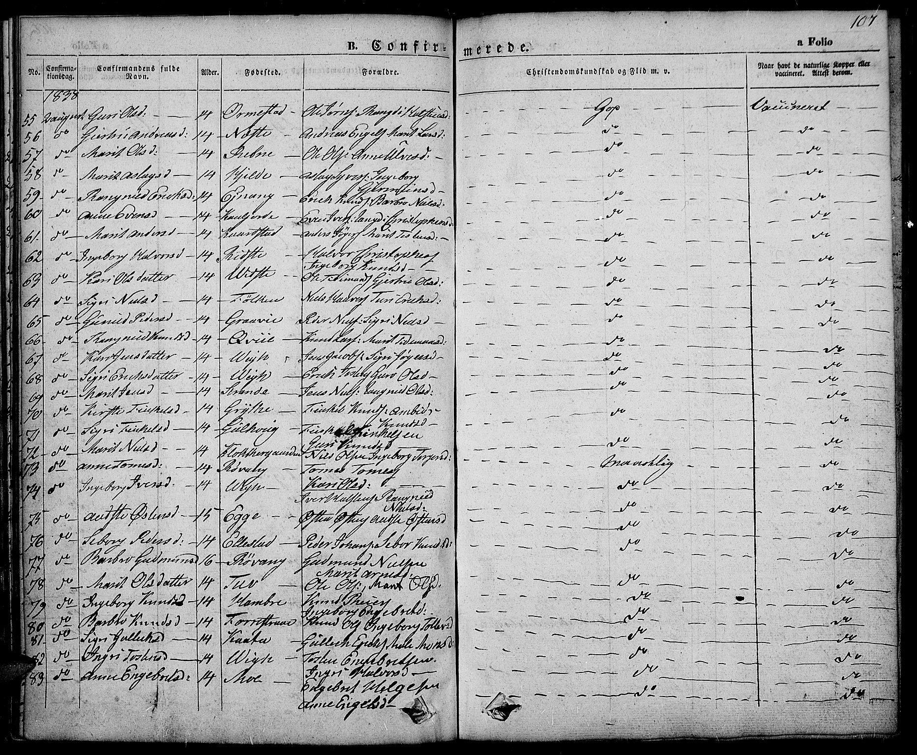Slidre prestekontor, SAH/PREST-134/H/Ha/Haa/L0003: Parish register (official) no. 3, 1831-1843, p. 107