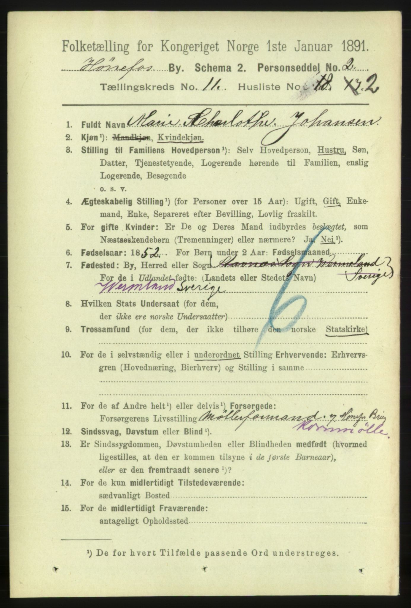 RA, 1891 census for 0601 Hønefoss, 1891, p. 1484