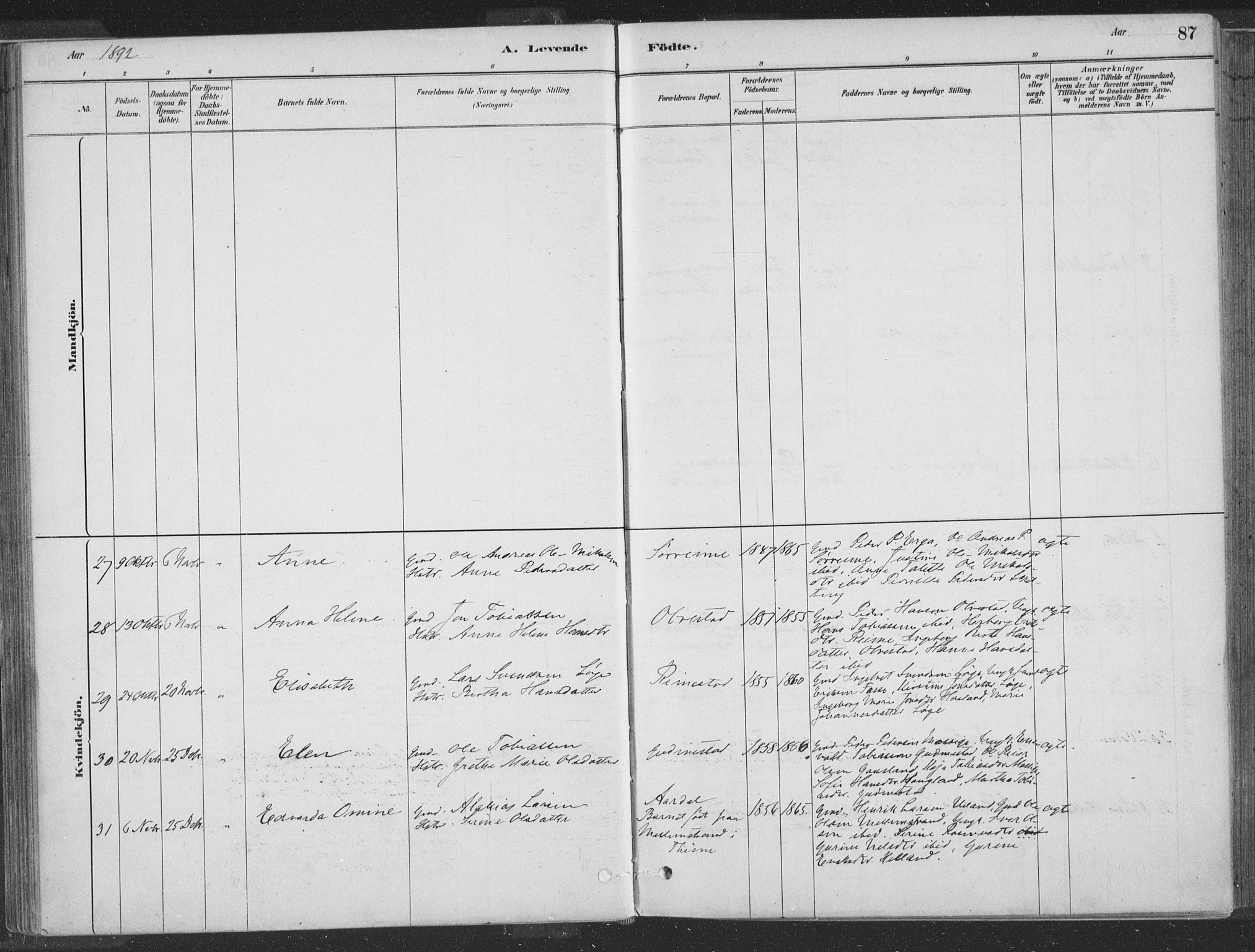 Hå sokneprestkontor, SAST/A-101801/001/30BA/L0010: Parish register (official) no. A 9, 1879-1896, p. 87