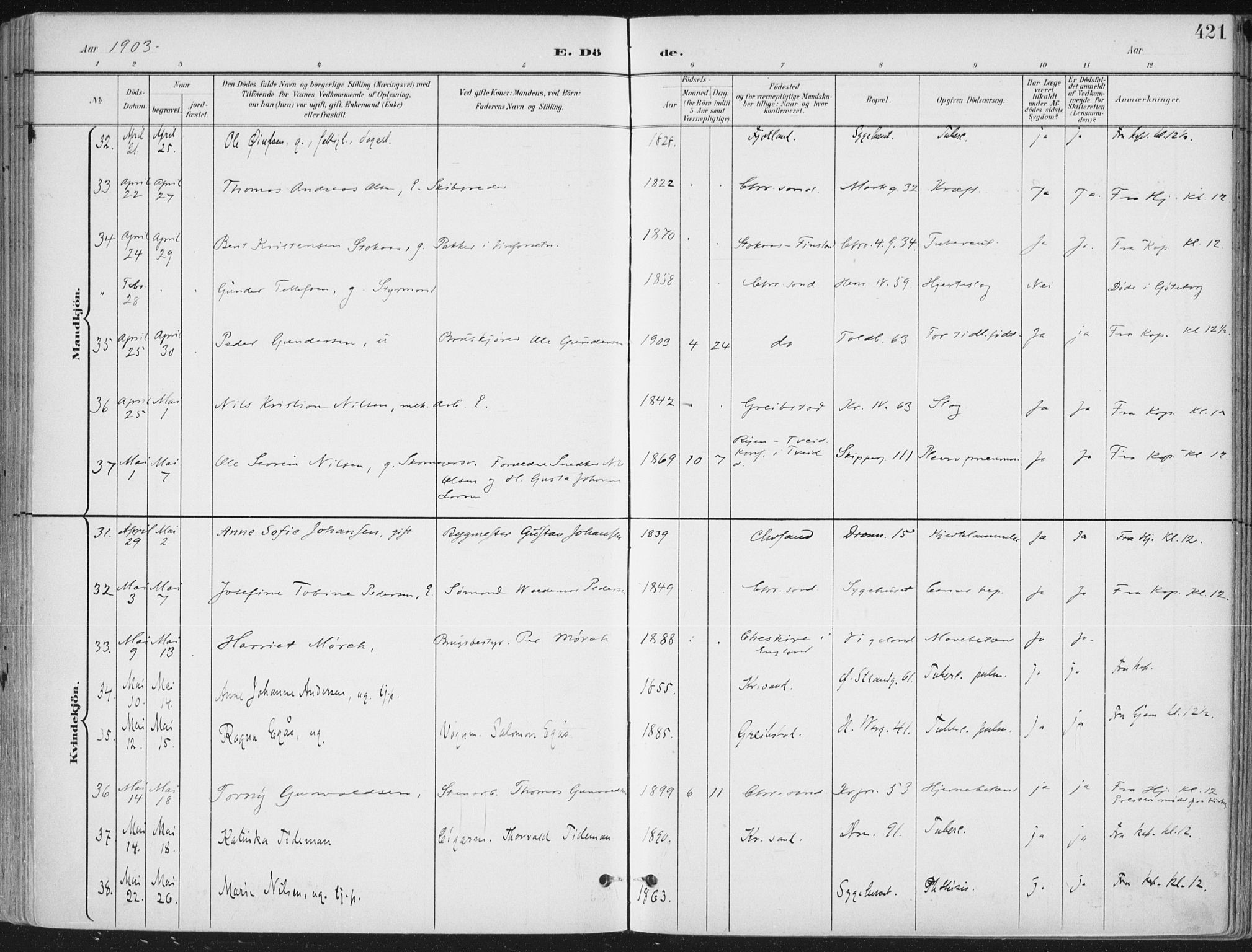 Kristiansand domprosti, SAK/1112-0006/F/Fa/L0021: Parish register (official) no. A 20, 1898-1908, p. 421