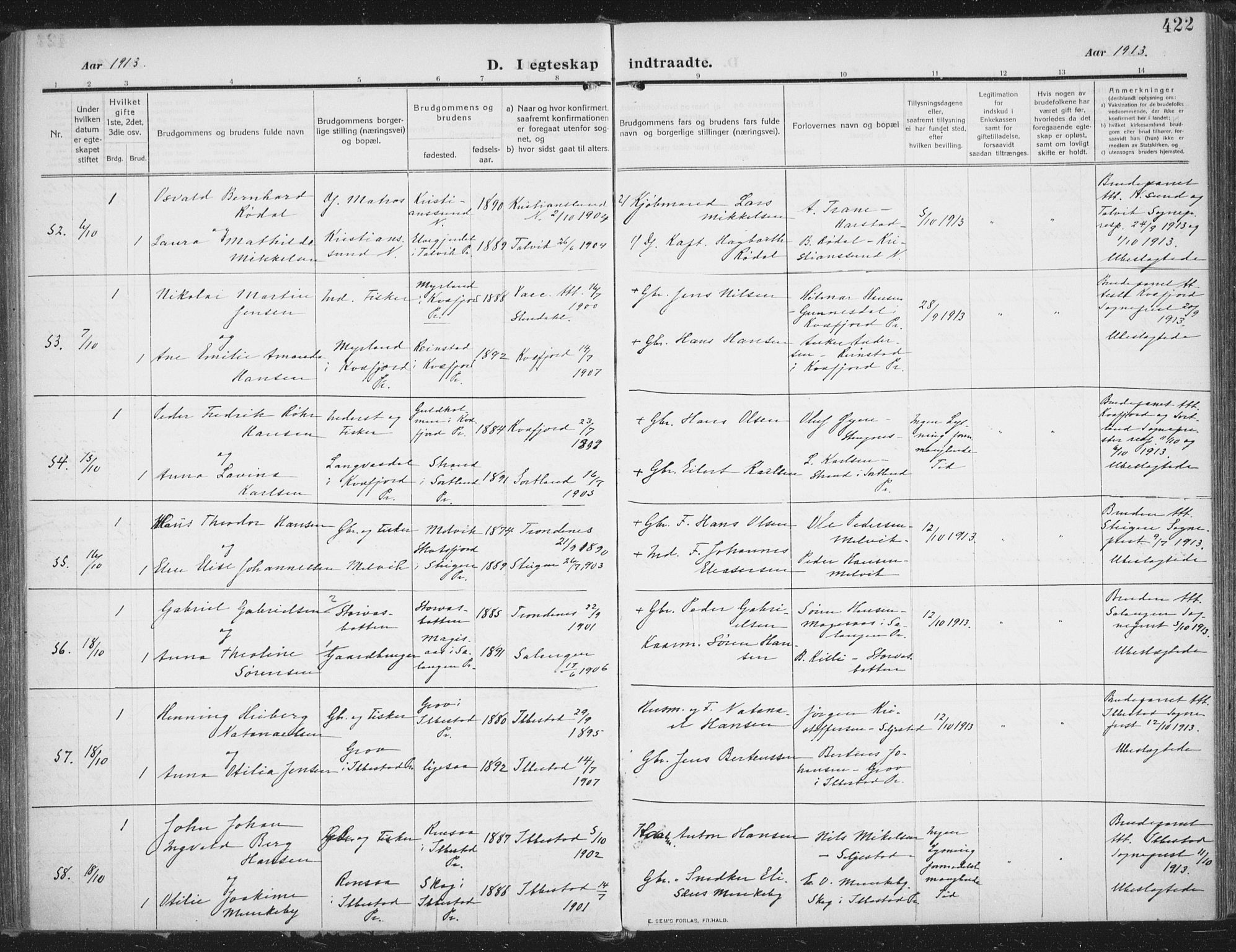 Trondenes sokneprestkontor, SATØ/S-1319/H/Ha/L0018kirke: Parish register (official) no. 18, 1909-1918, p. 422