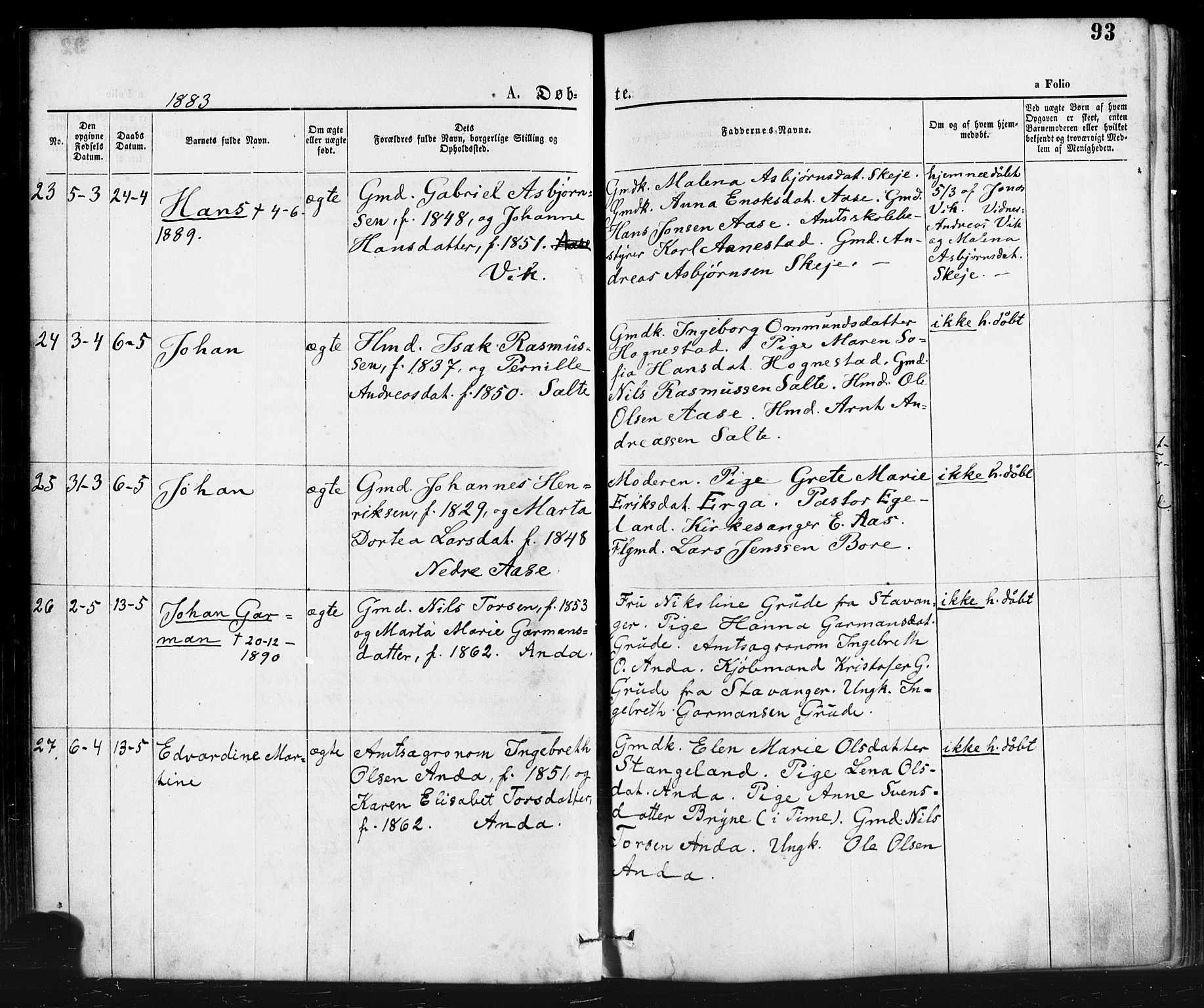 Klepp sokneprestkontor, AV/SAST-A-101803/001/3/30BA/L0006: Parish register (official) no. A 6, 1871-1885, p. 93