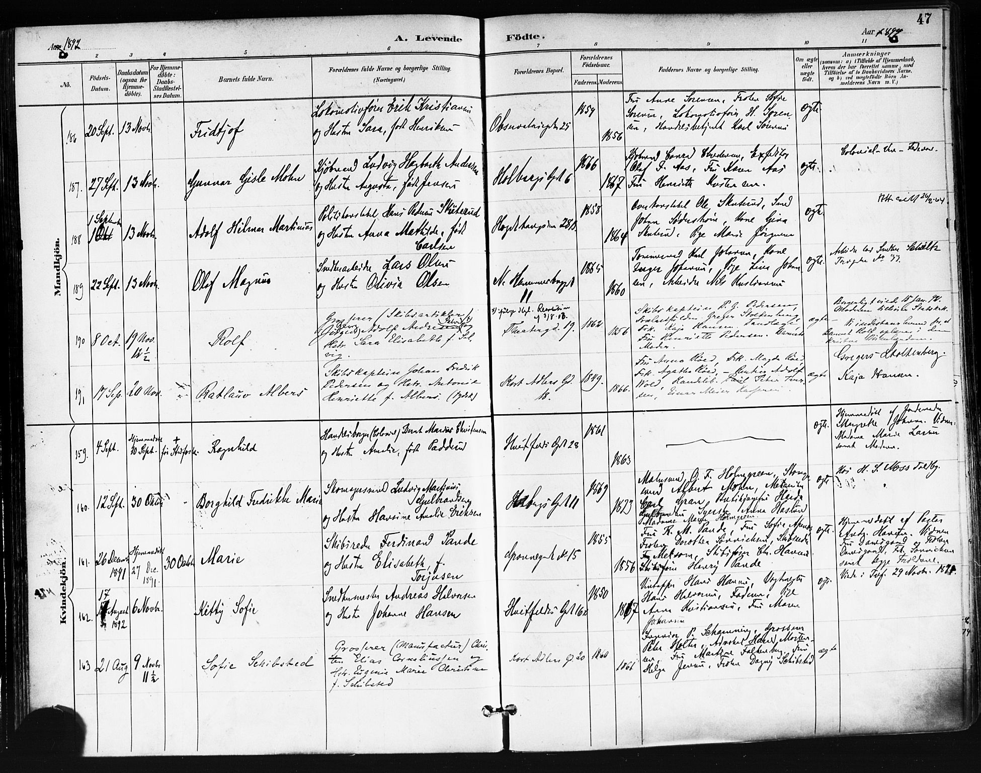 Trefoldighet prestekontor Kirkebøker, AV/SAO-A-10882/F/Fa/L0006: Parish register (official) no. I 6, 1891-1899, p. 47