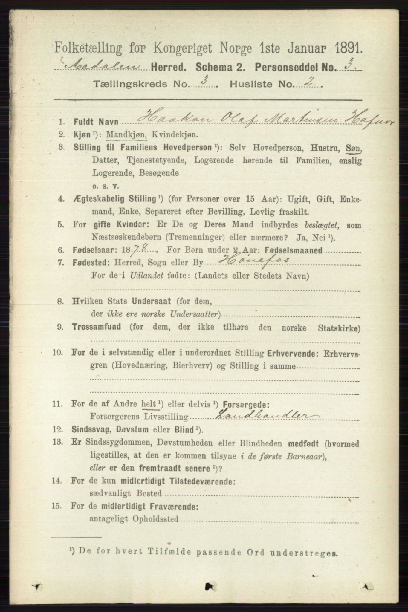RA, 1891 census for 0614 Ådal, 1891, p. 1042