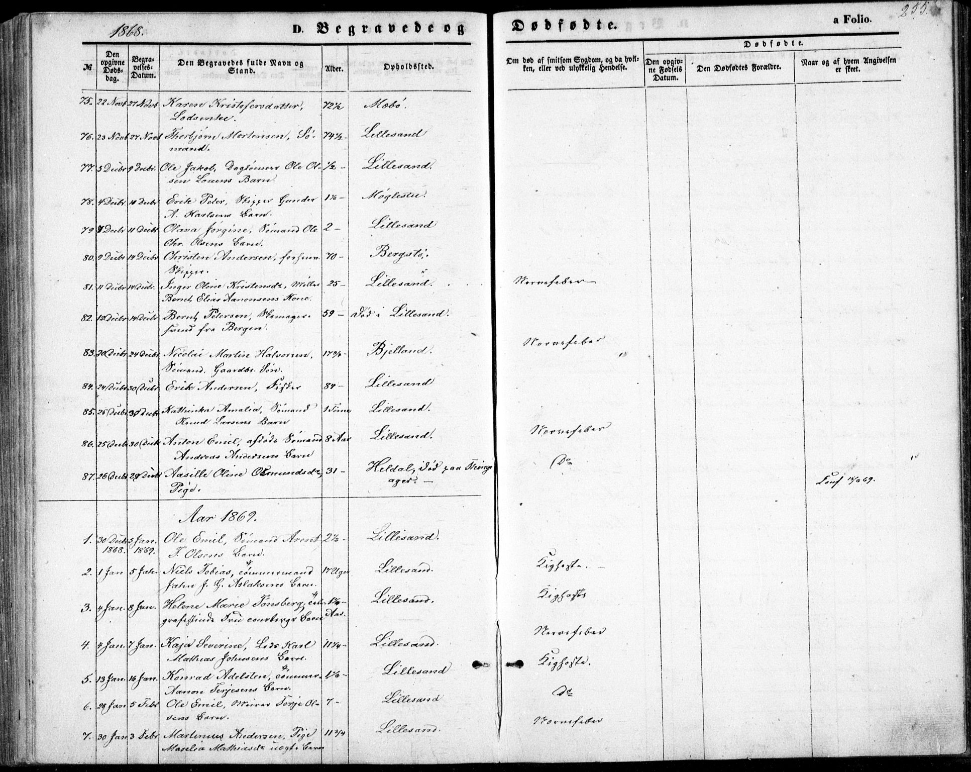 Vestre Moland sokneprestkontor, SAK/1111-0046/F/Fb/Fbb/L0004: Parish register (copy) no. B 4, 1861-1872, p. 255