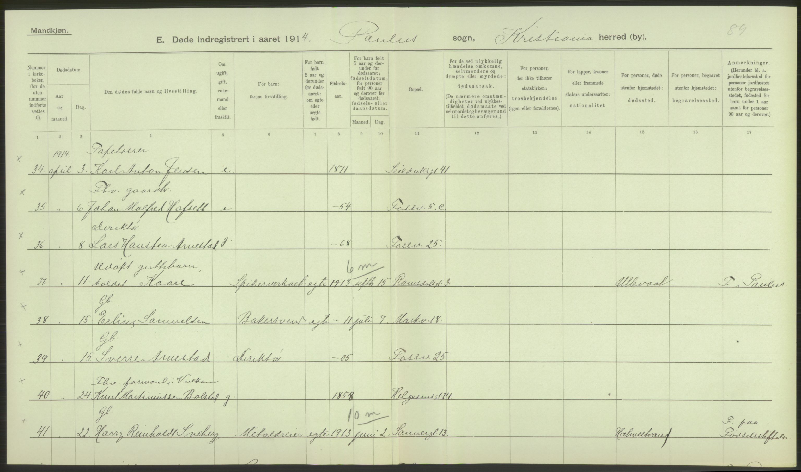 Statistisk sentralbyrå, Sosiodemografiske emner, Befolkning, AV/RA-S-2228/D/Df/Dfb/Dfbd/L0008: Kristiania: Døde, 1914, p. 270