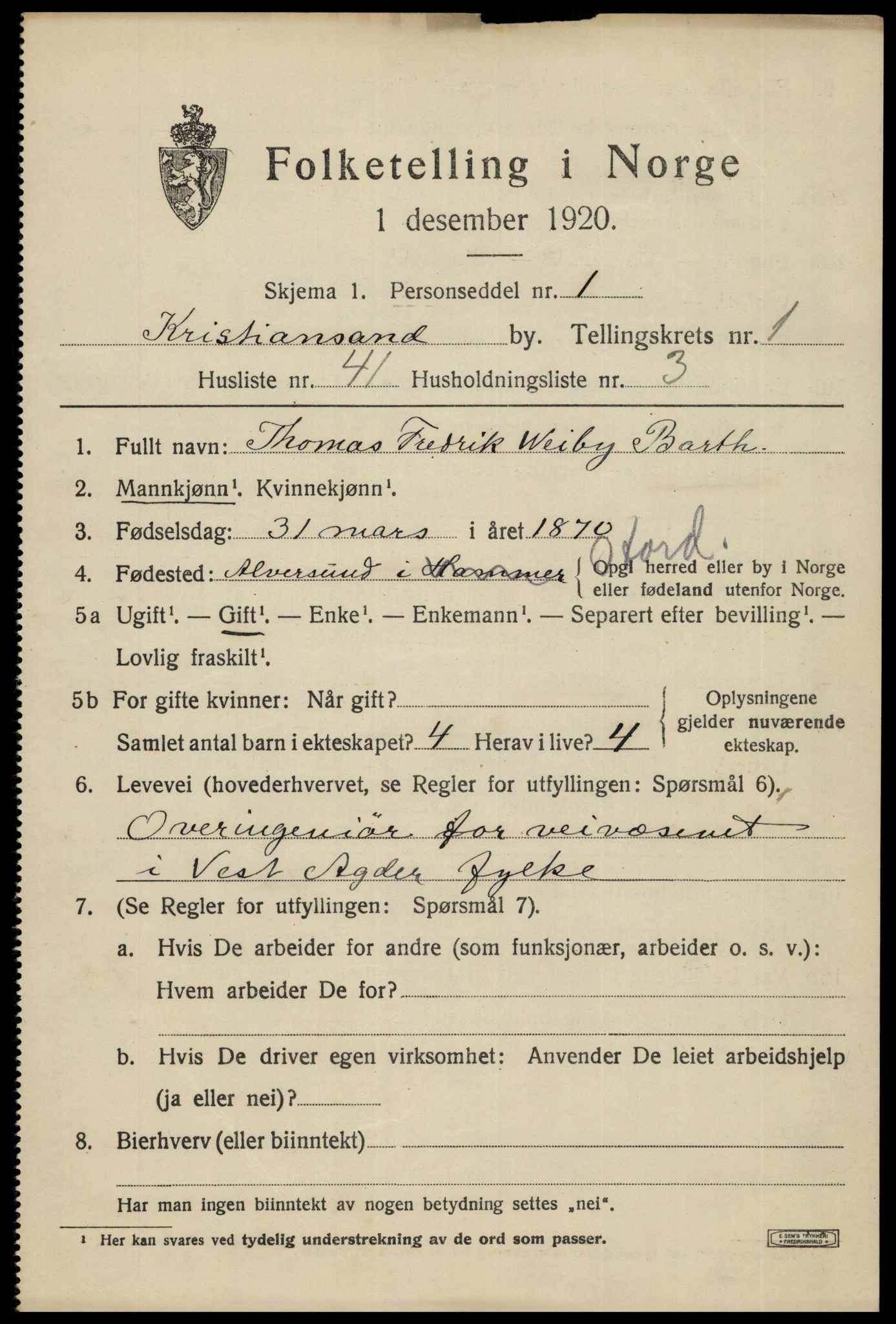 SAK, 1920 census for Kristiansand, 1920, p. 11851