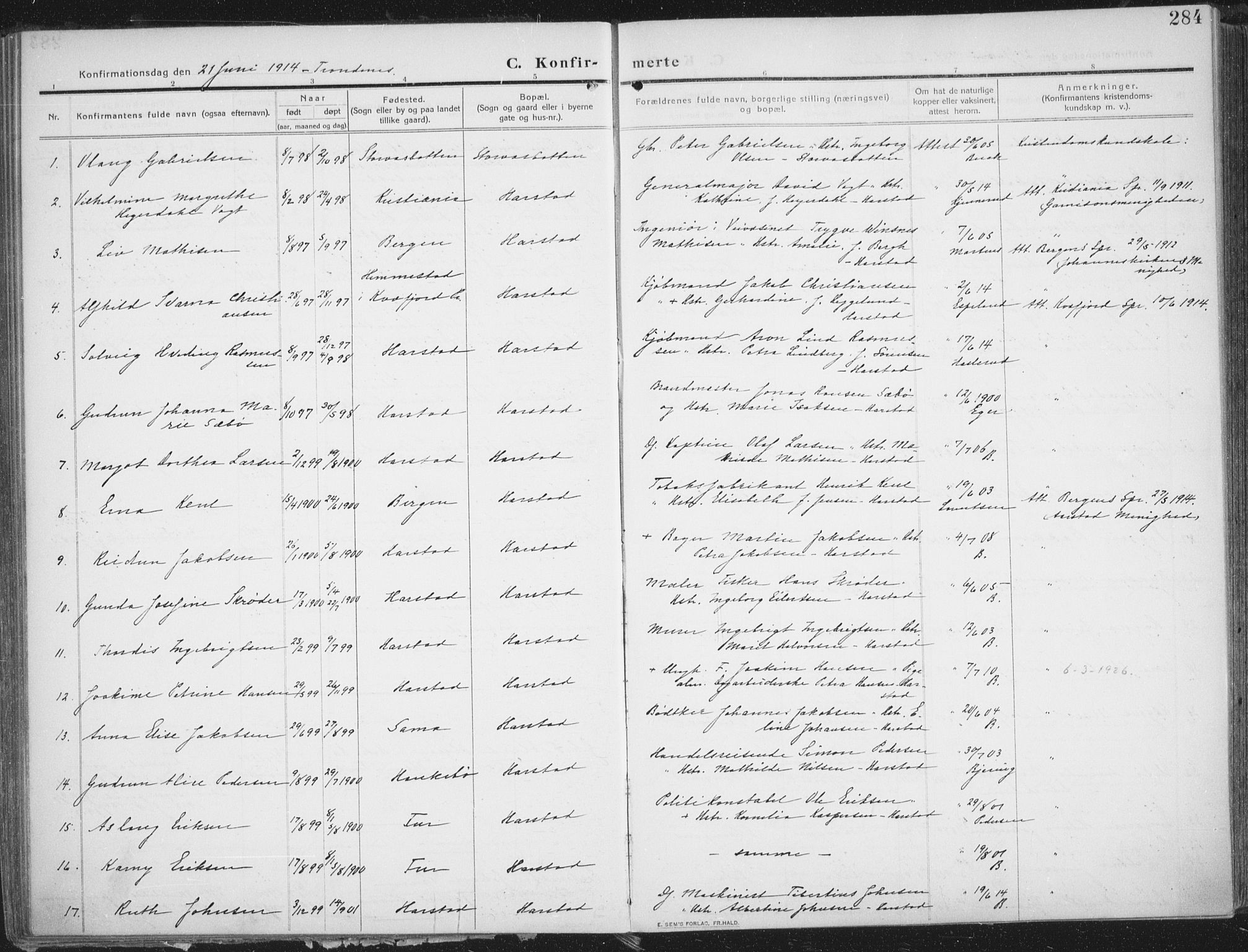 Trondenes sokneprestkontor, SATØ/S-1319/H/Ha/L0018kirke: Parish register (official) no. 18, 1909-1918, p. 284