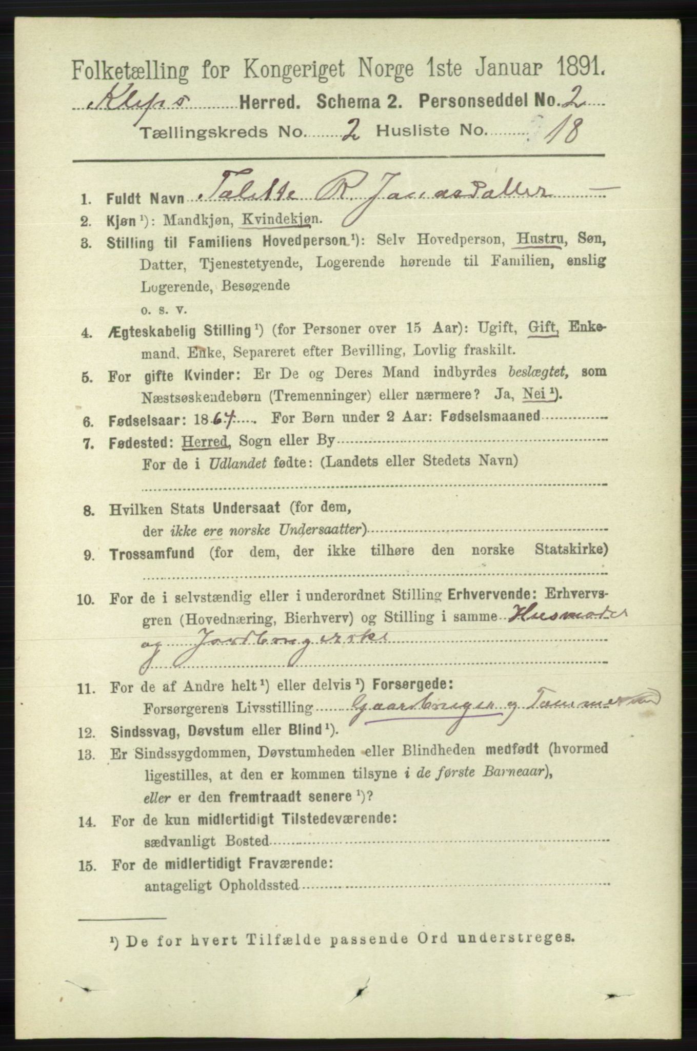 RA, 1891 census for 1120 Klepp, 1891, p. 433