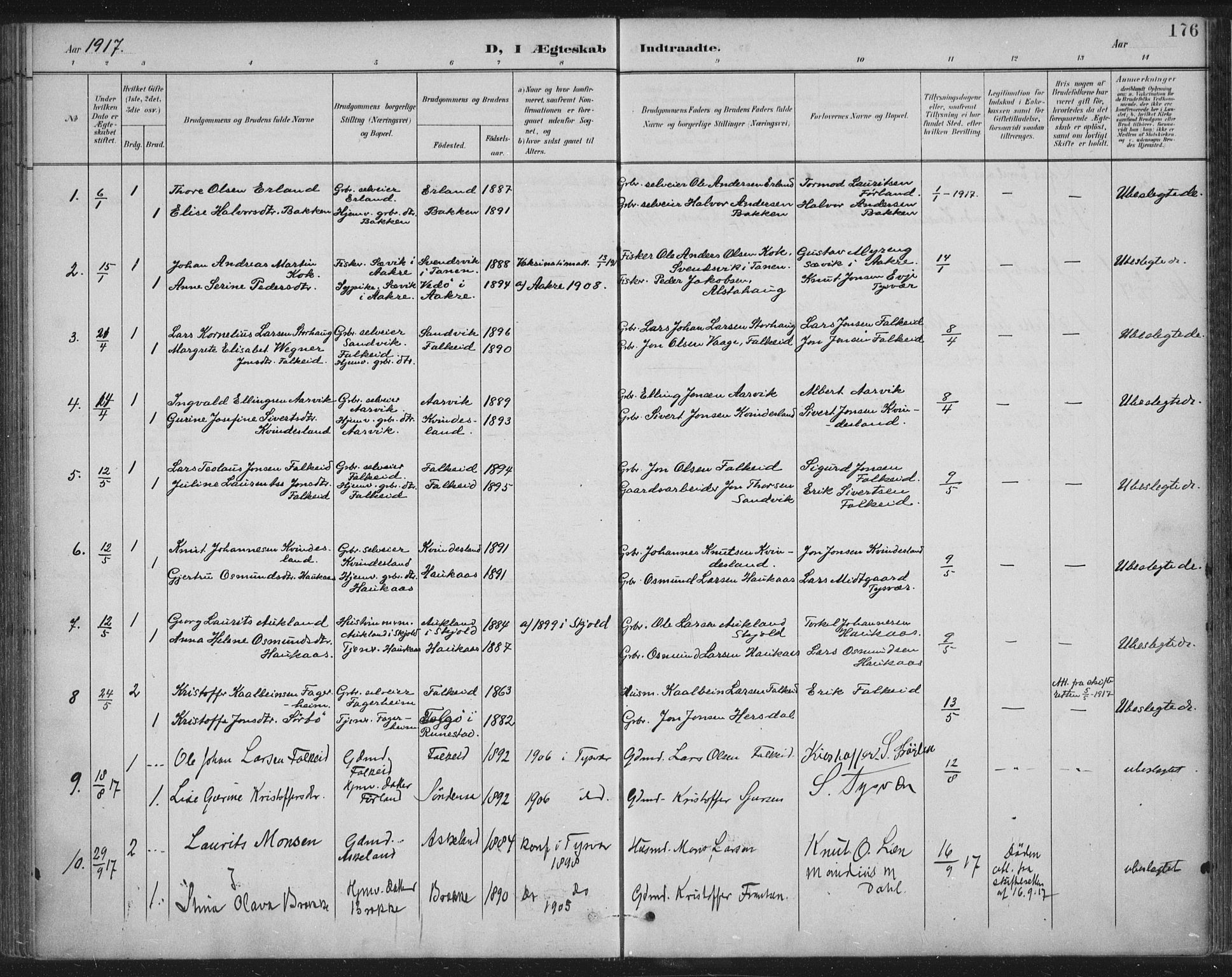 Tysvær sokneprestkontor, AV/SAST-A -101864/H/Ha/Haa/L0008: Parish register (official) no. A 8, 1897-1918, p. 176
