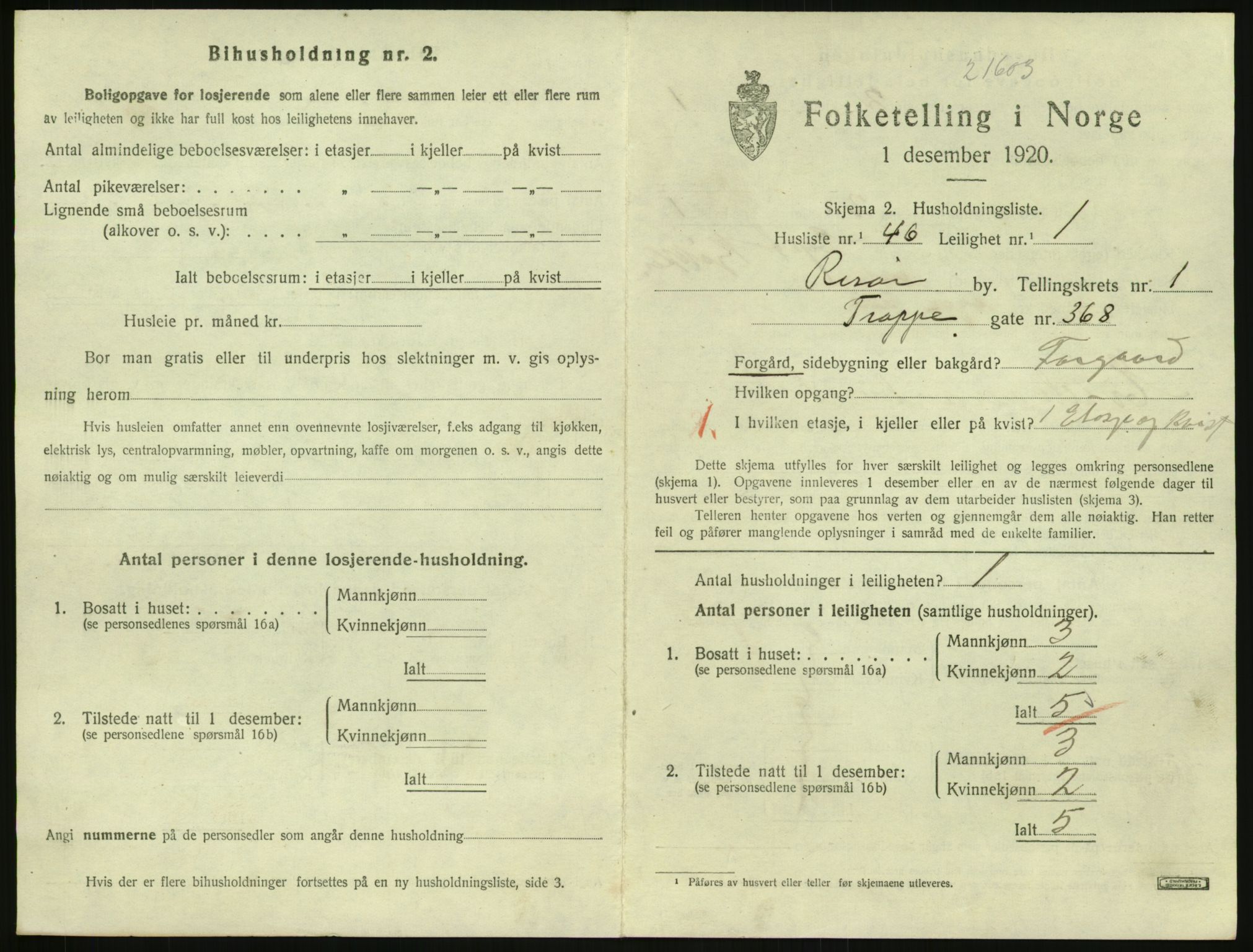 SAK, 1920 census for Risør, 1920, p. 1459