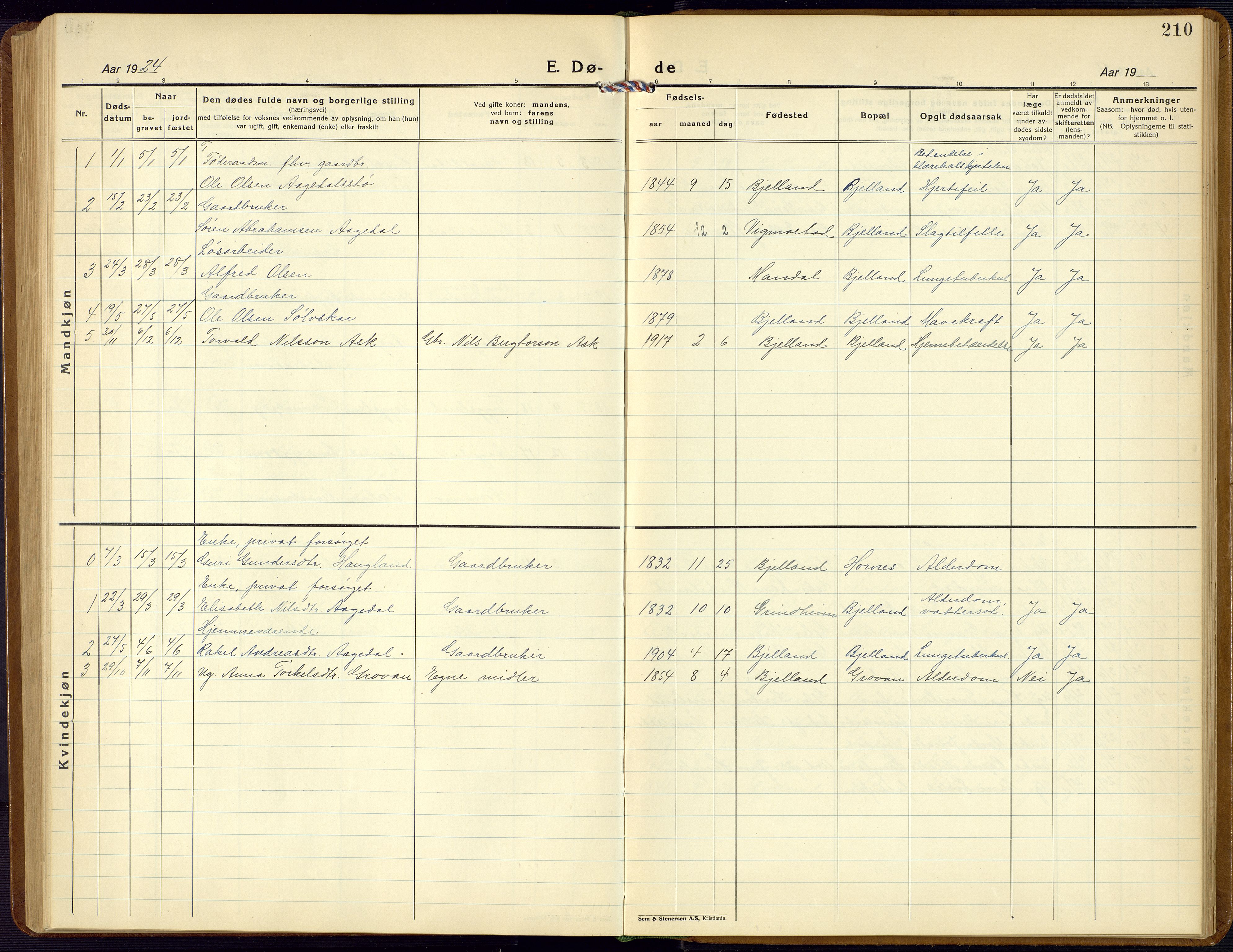 Bjelland sokneprestkontor, AV/SAK-1111-0005/F/Fb/Fba/L0006: Parish register (copy) no. B 6, 1923-1956, p. 210