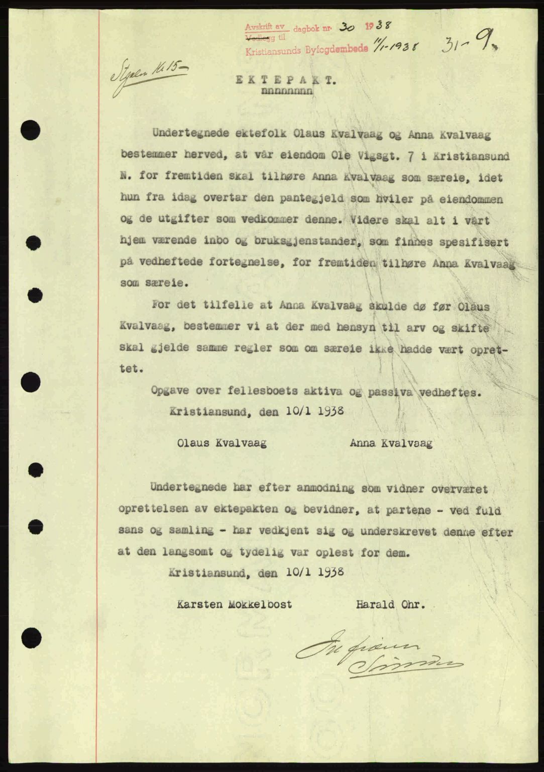 Kristiansund byfogd, SAT/A-4587/A/27: Mortgage book no. 31, 1938-1939, Diary no: : 30/1938