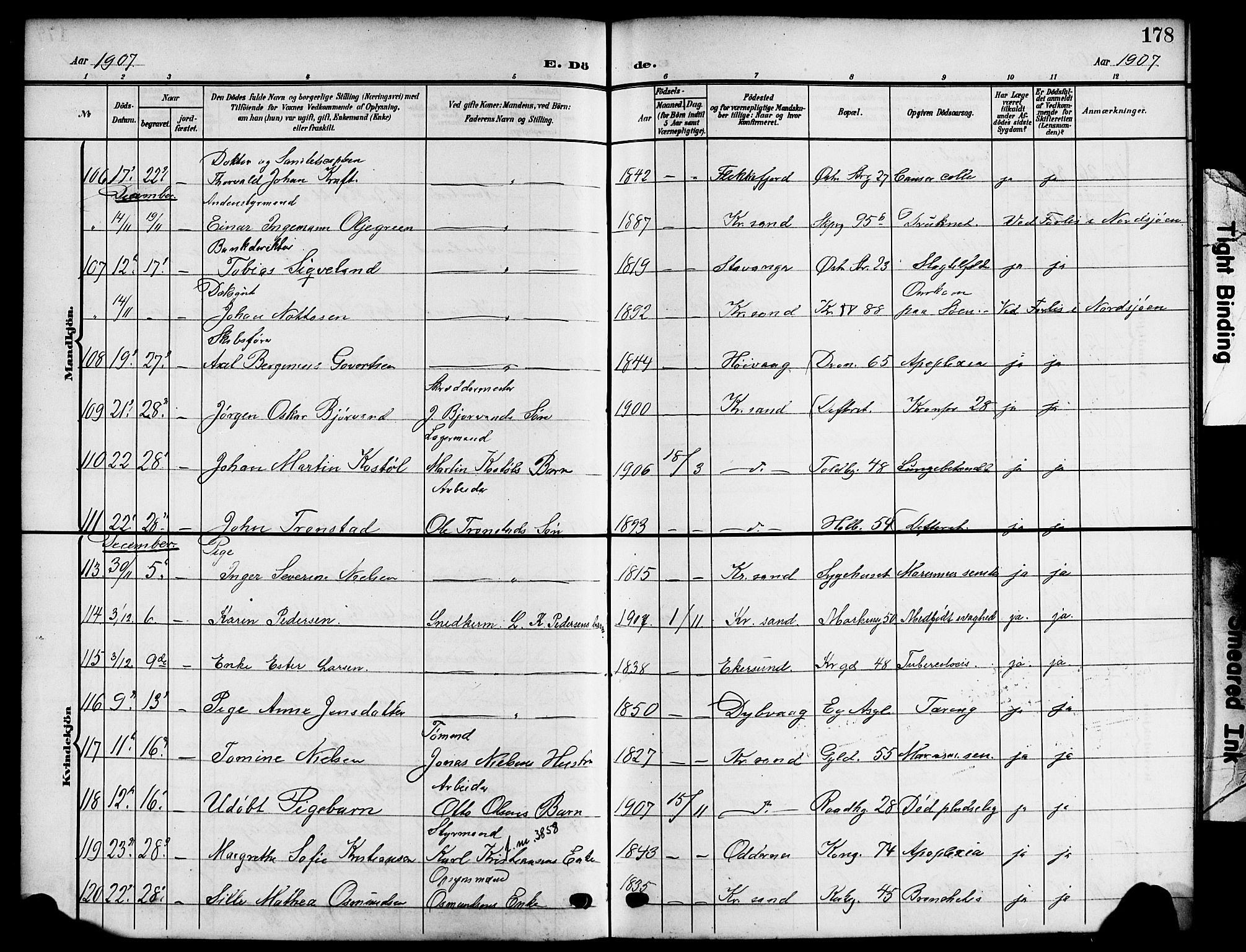 Kristiansand domprosti, SAK/1112-0006/F/Fb/L0020: Parish register (copy) no. B 20, 1906-1915, p. 178