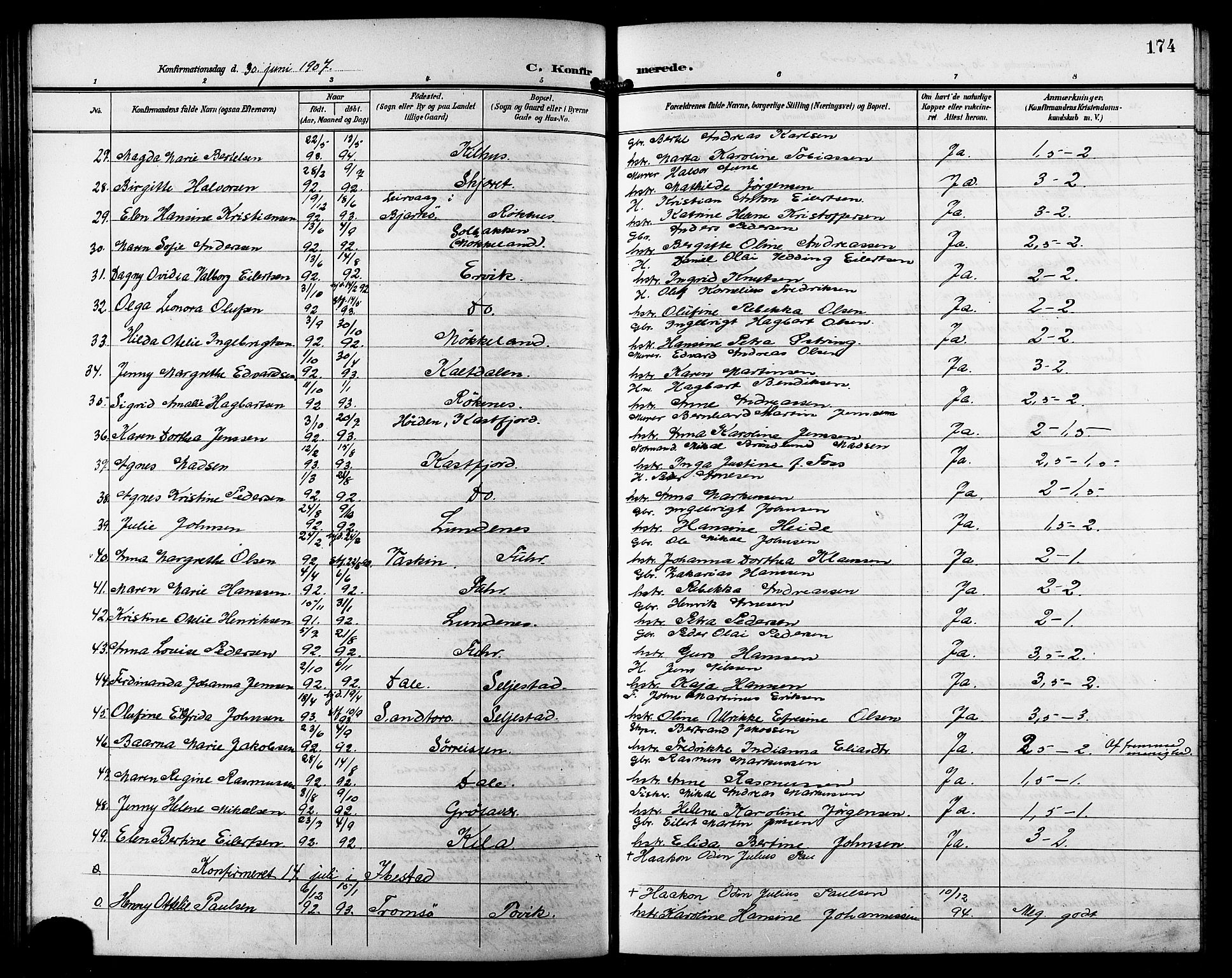Trondenes sokneprestkontor, SATØ/S-1319/H/Hb/L0012klokker: Parish register (copy) no. 12, 1907-1916, p. 174