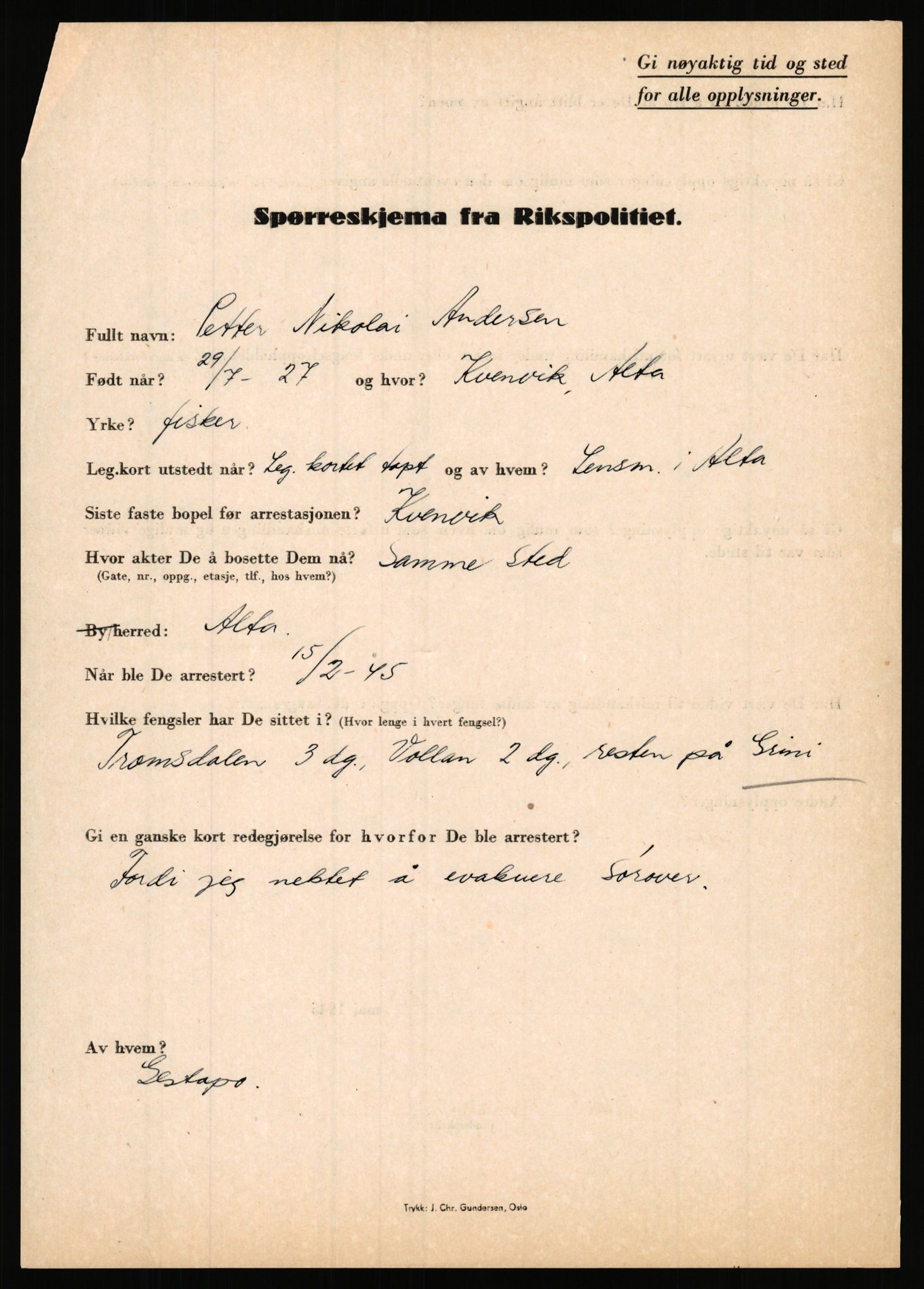 Rikspolitisjefen, AV/RA-S-1560/L/L0001: Abelseth, Rudolf - Berentsen, Odd, 1940-1945, p. 539