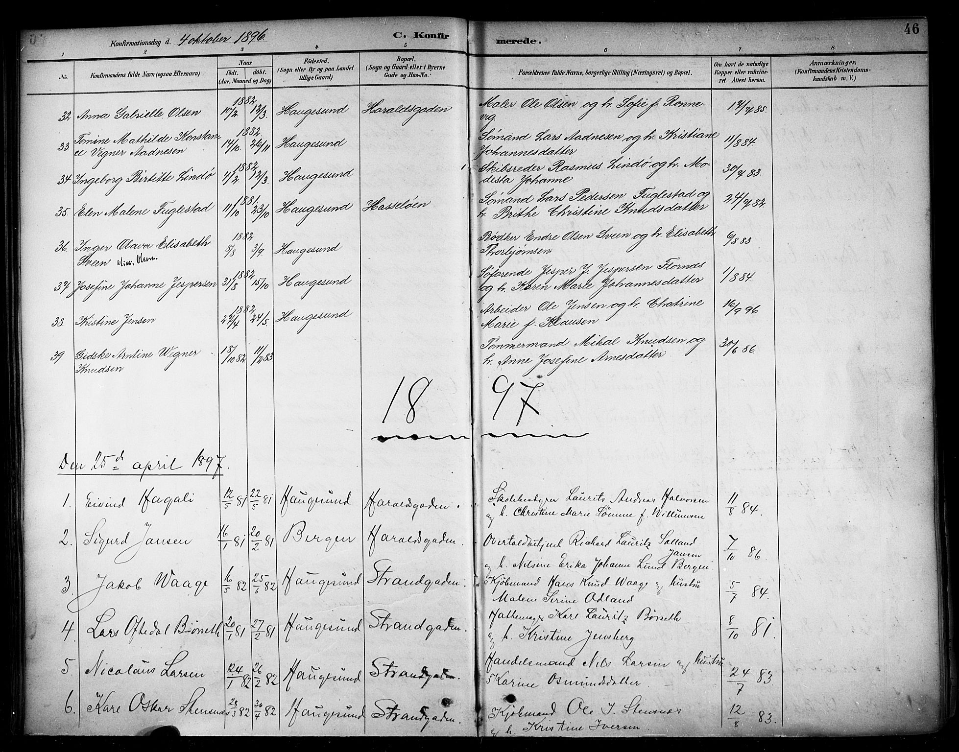 Haugesund sokneprestkontor, AV/SAST-A -101863/H/Ha/Haa/L0005: Parish register (official) no. A 5, 1891-1903, p. 46