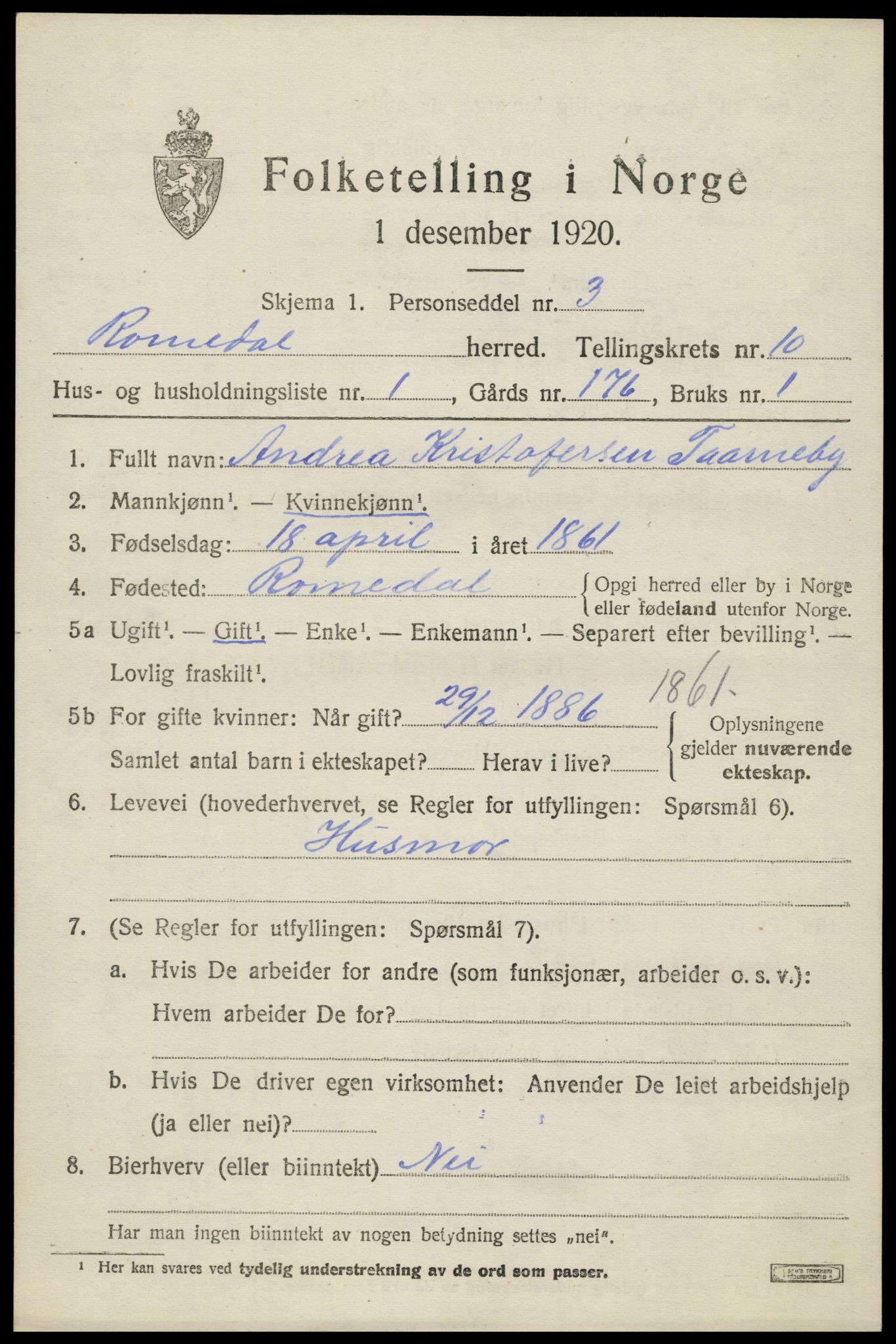 SAH, 1920 census for Romedal, 1920, p. 11223