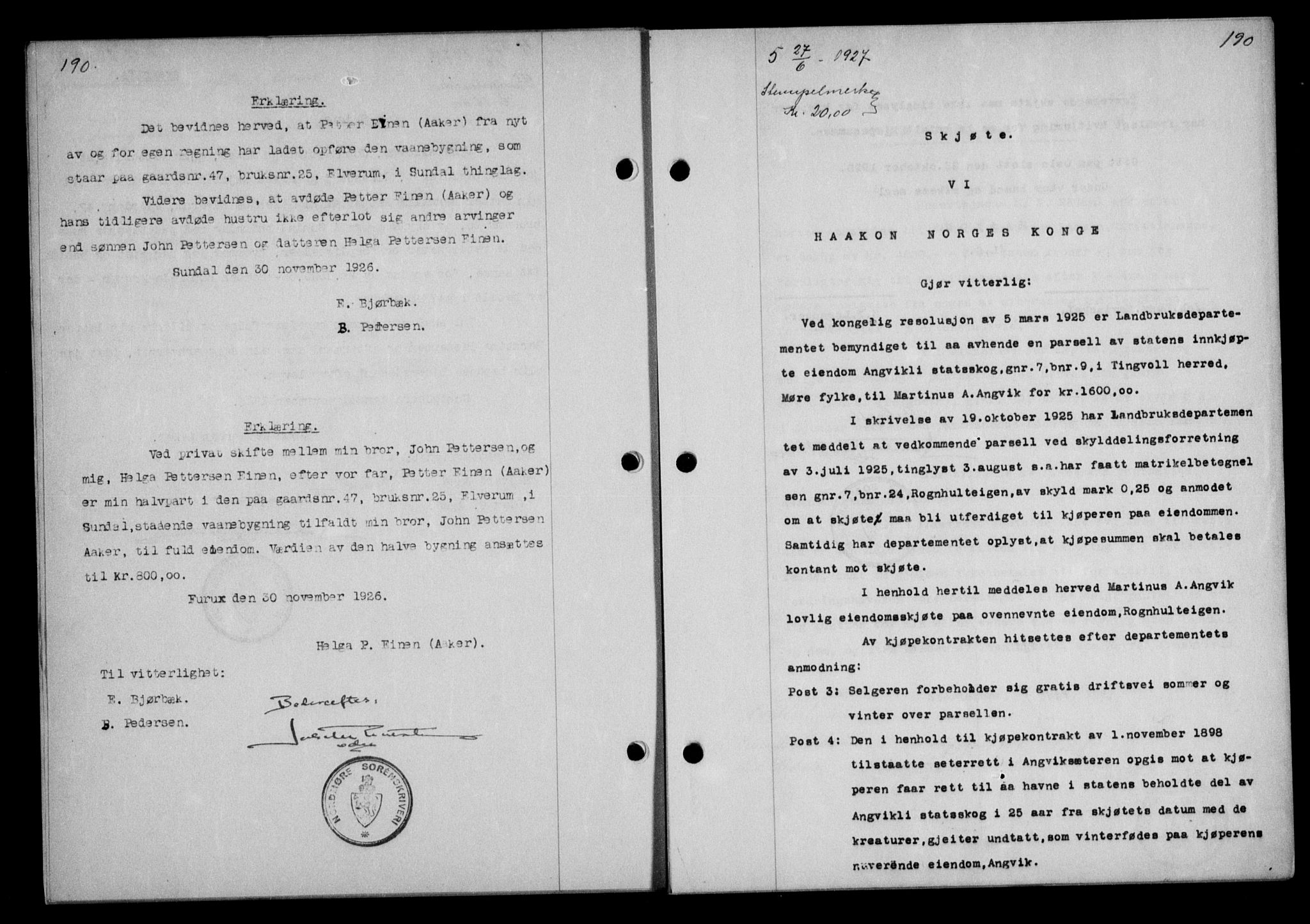 Nordmøre sorenskriveri, AV/SAT-A-4132/1/2/2Ca/L0062: Mortgage book no. 52, 1927-1927, Deed date: 27.06.1927