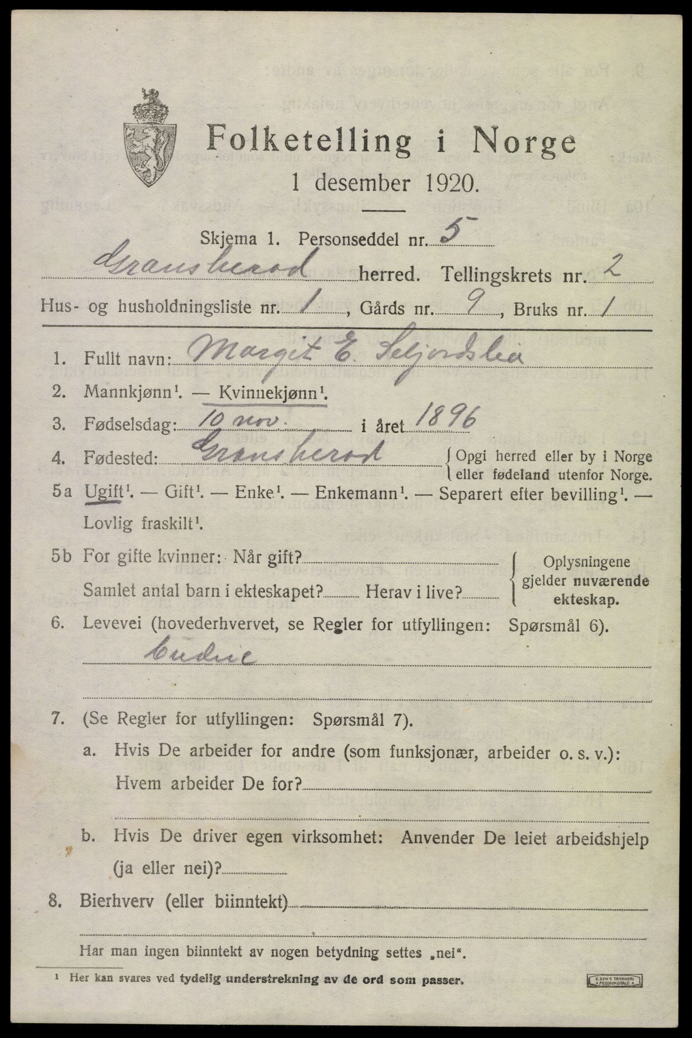 SAKO, 1920 census for Gransherad, 1920, p. 972
