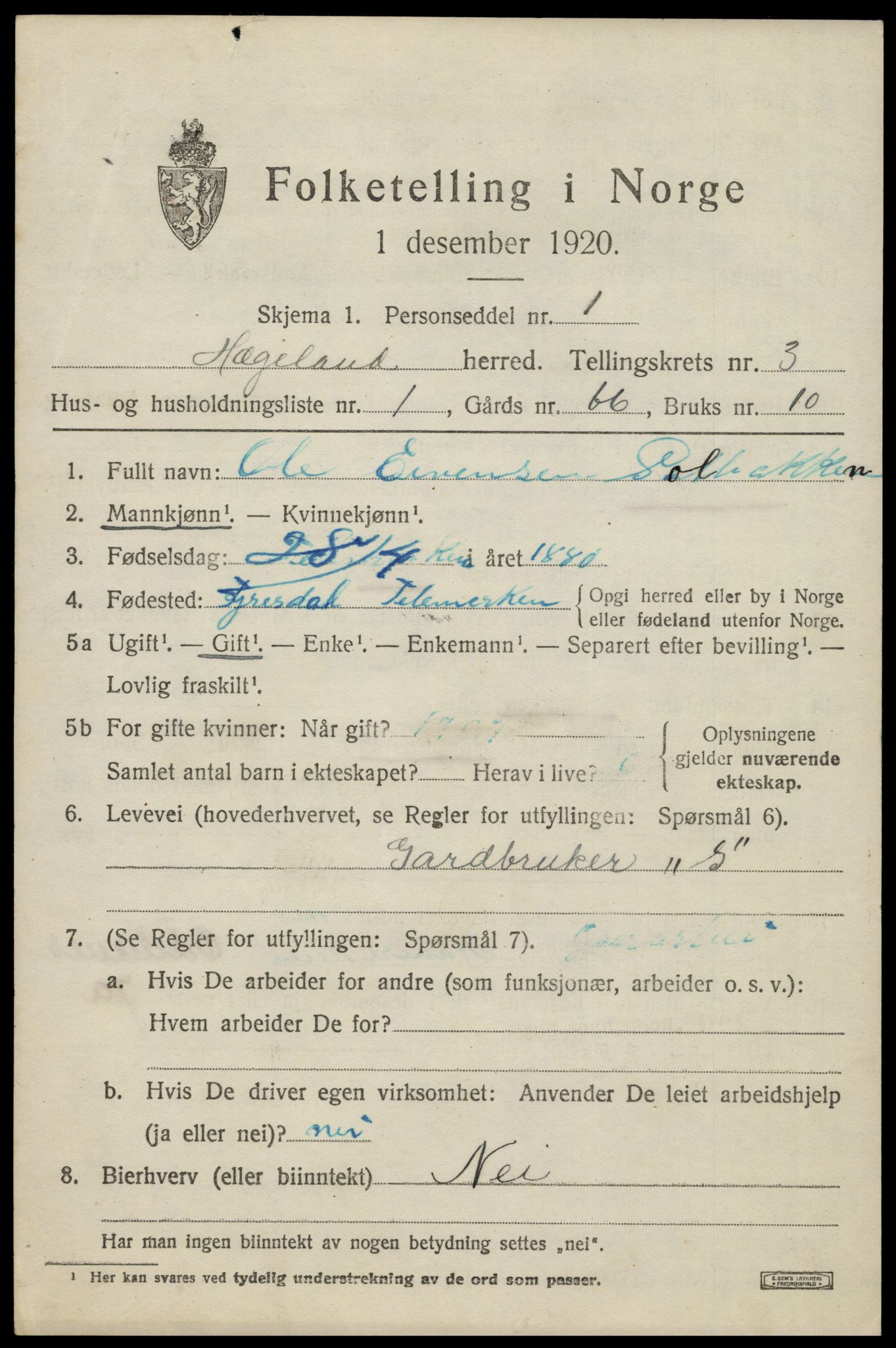 SAK, 1920 census for Hægeland, 1920, p. 937