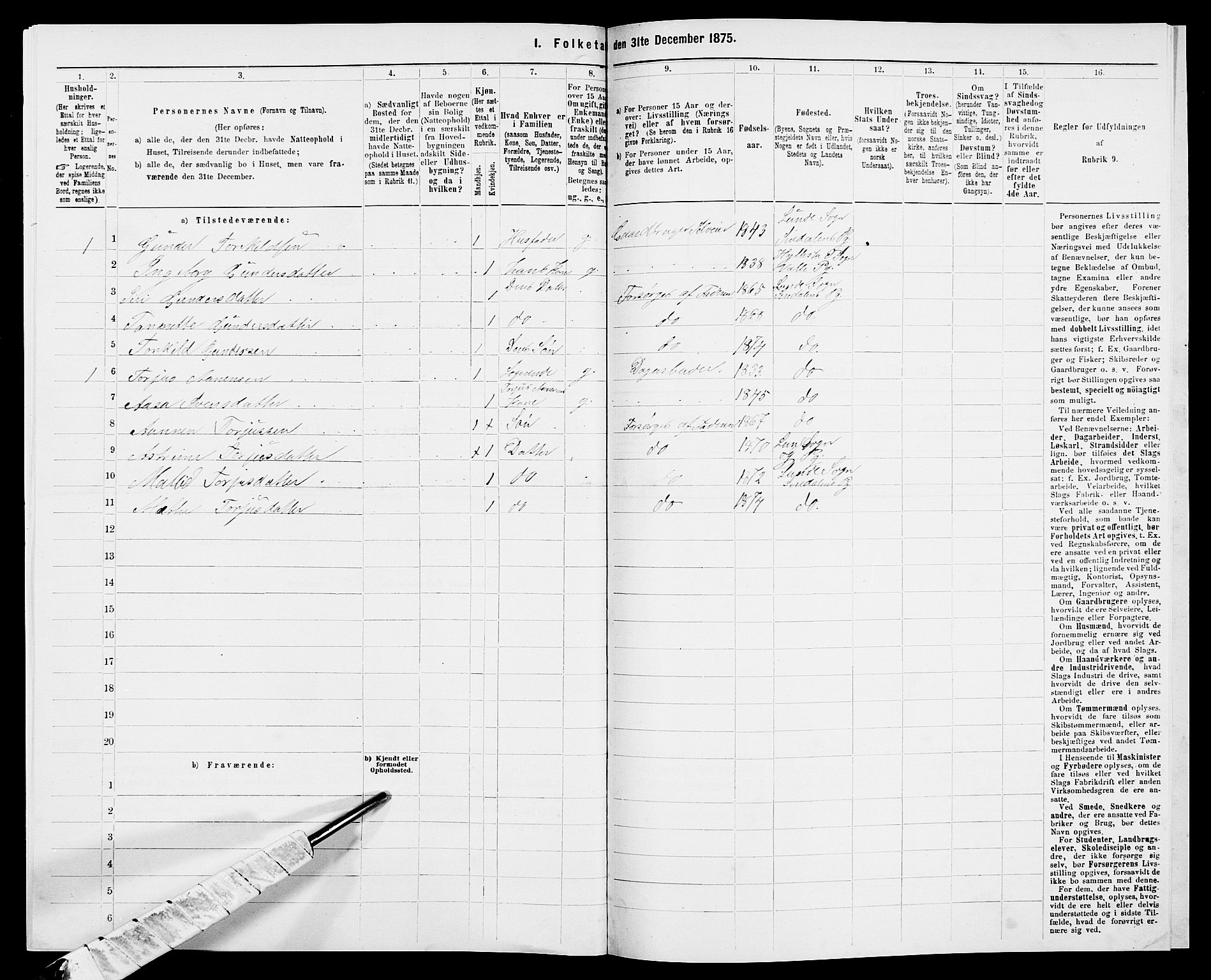 SAK, 1875 census for 1046P Sirdal, 1875, p. 418