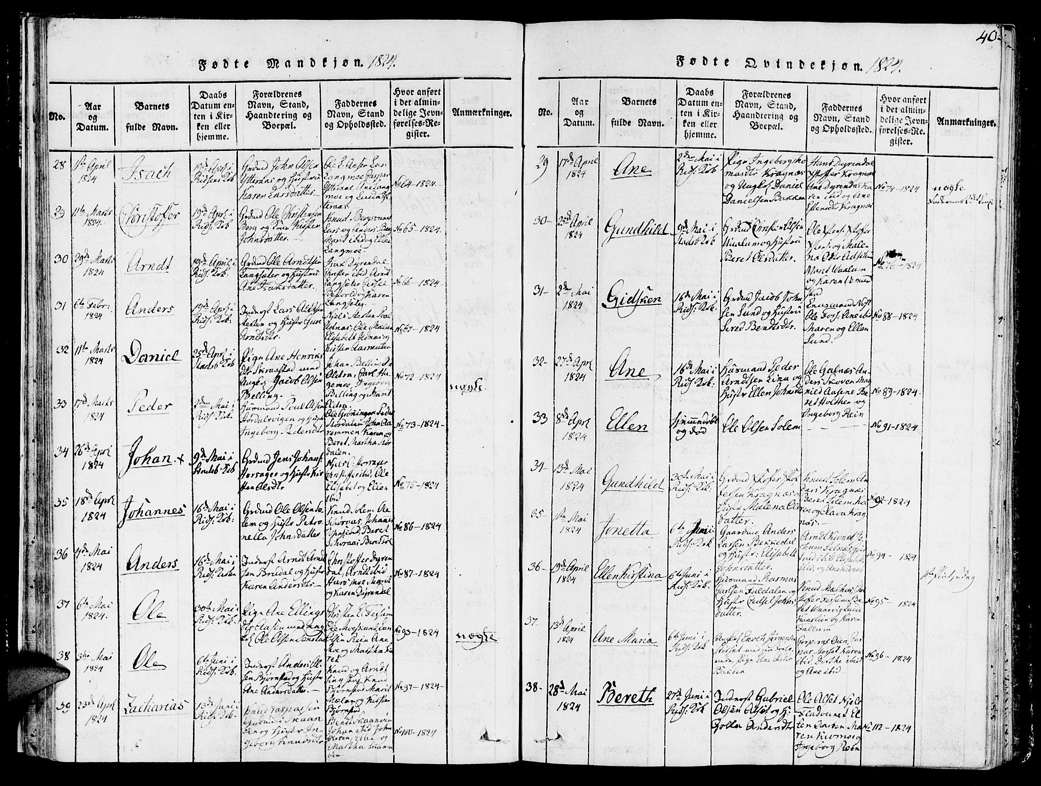 Ministerialprotokoller, klokkerbøker og fødselsregistre - Sør-Trøndelag, SAT/A-1456/646/L0608: Parish register (official) no. 646A06, 1816-1825, p. 40