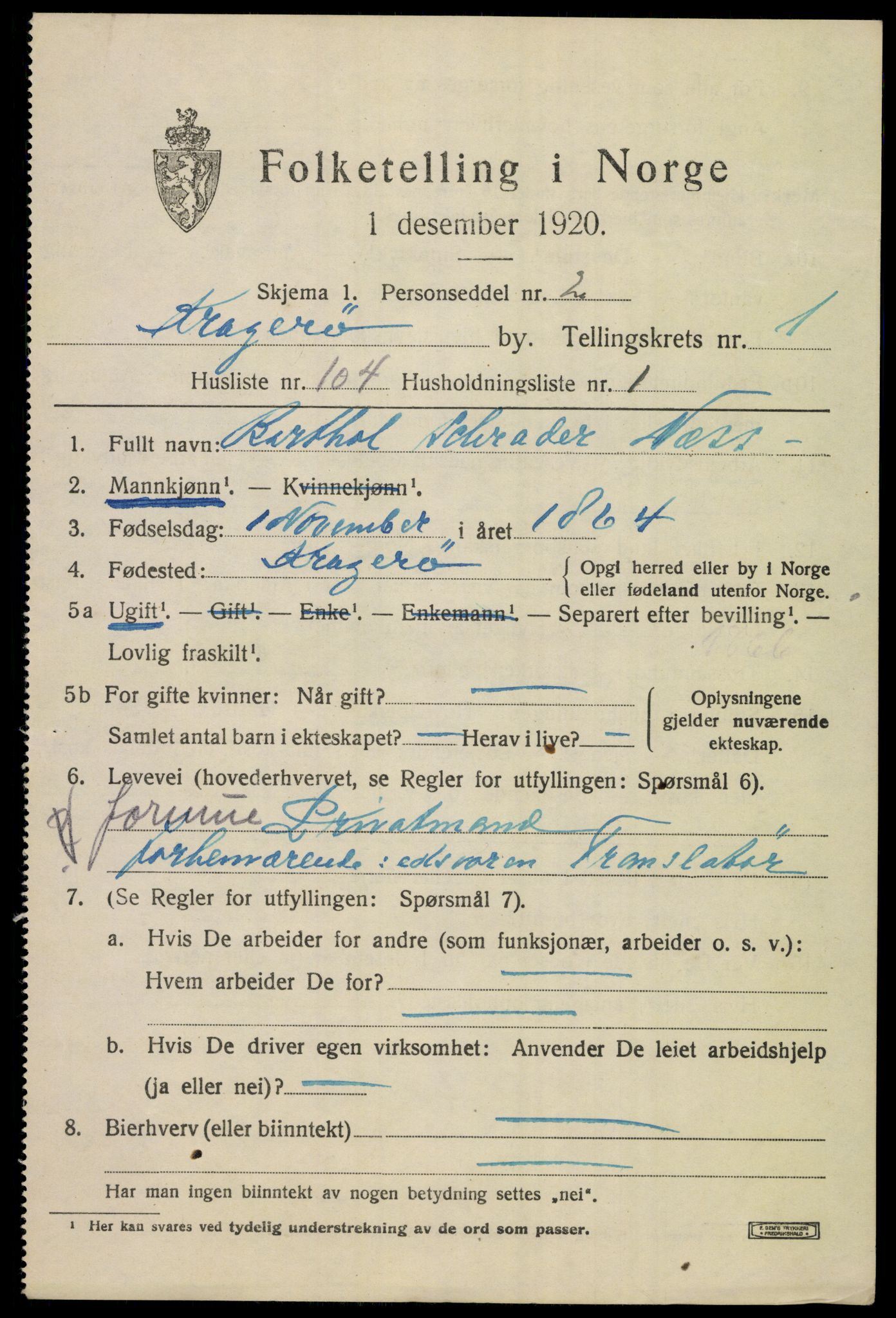 SAKO, 1920 census for Kragerø, 1920, p. 5297