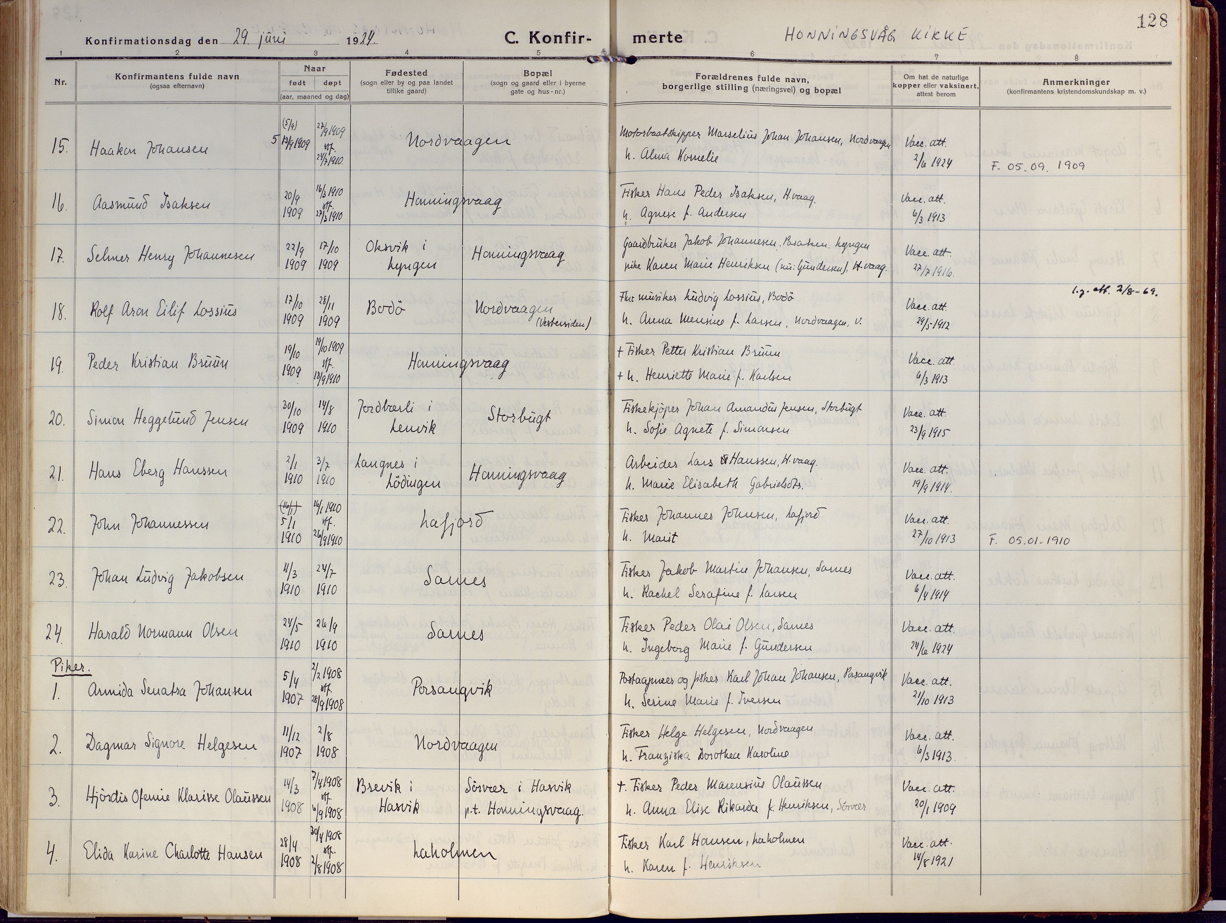 Kjelvik/Nordkapp sokneprestkontor, SATØ/S-1350/H/Ha/L0002kirke: Parish register (official) no. 2, 1920-1929, p. 128