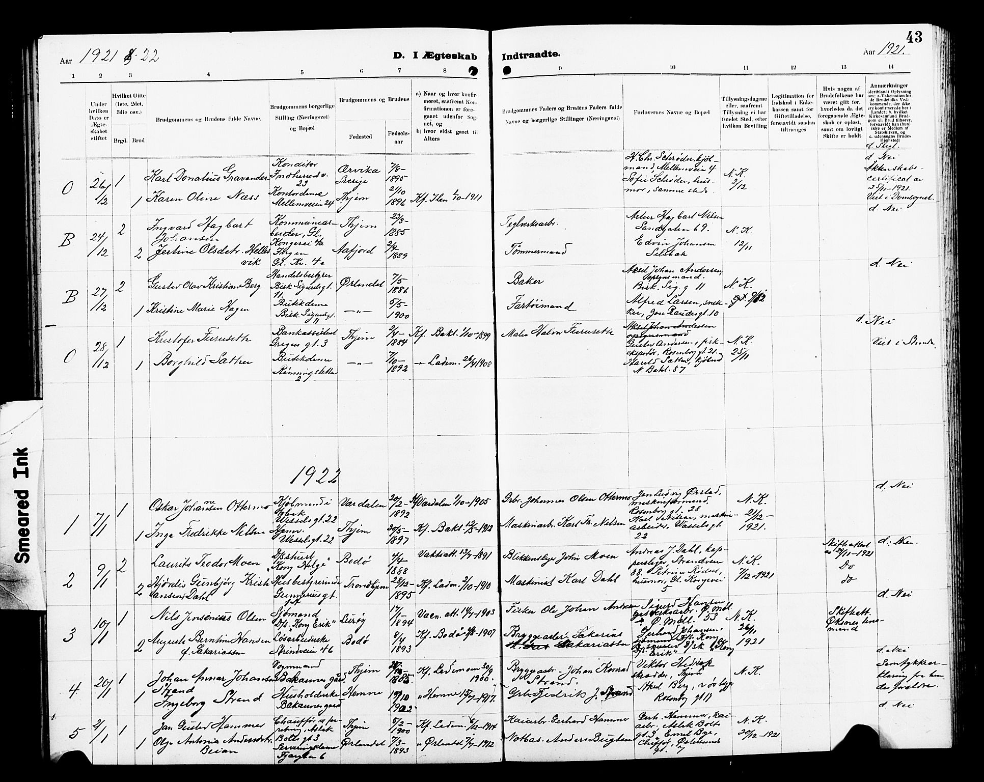 Ministerialprotokoller, klokkerbøker og fødselsregistre - Sør-Trøndelag, SAT/A-1456/605/L0257: Parish register (copy) no. 605C04, 1916-1922, p. 43