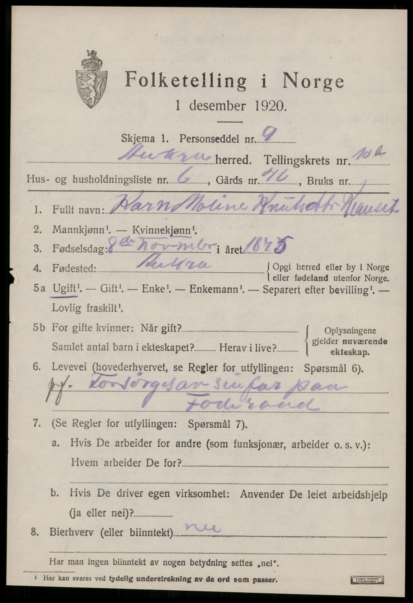 SAT, 1920 census for Aukra, 1920, p. 5047