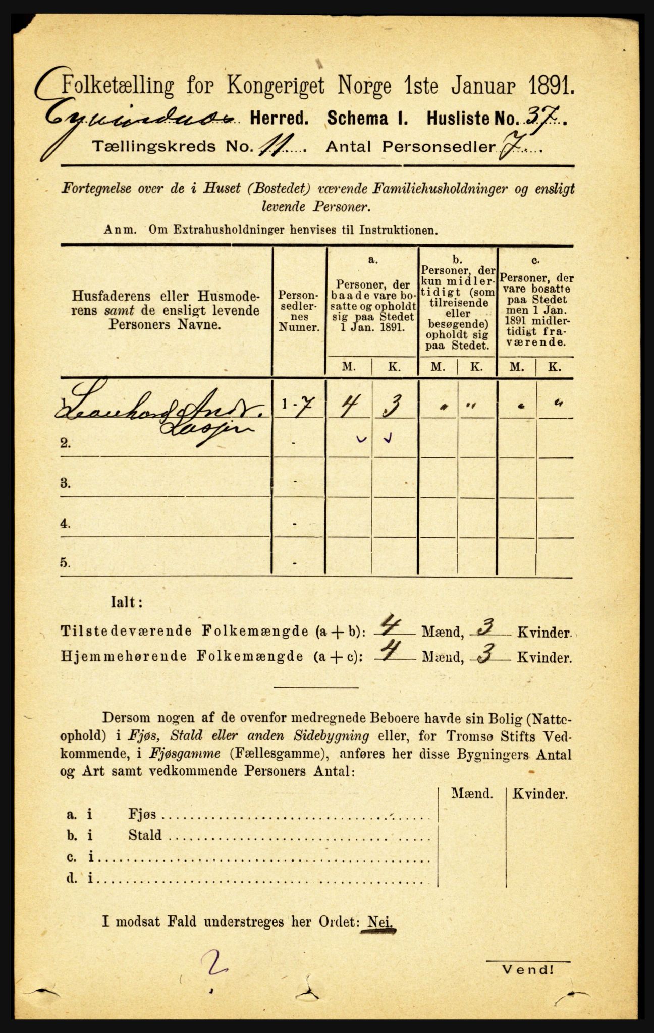 RA, 1891 census for 1853 Evenes, 1891, p. 3460