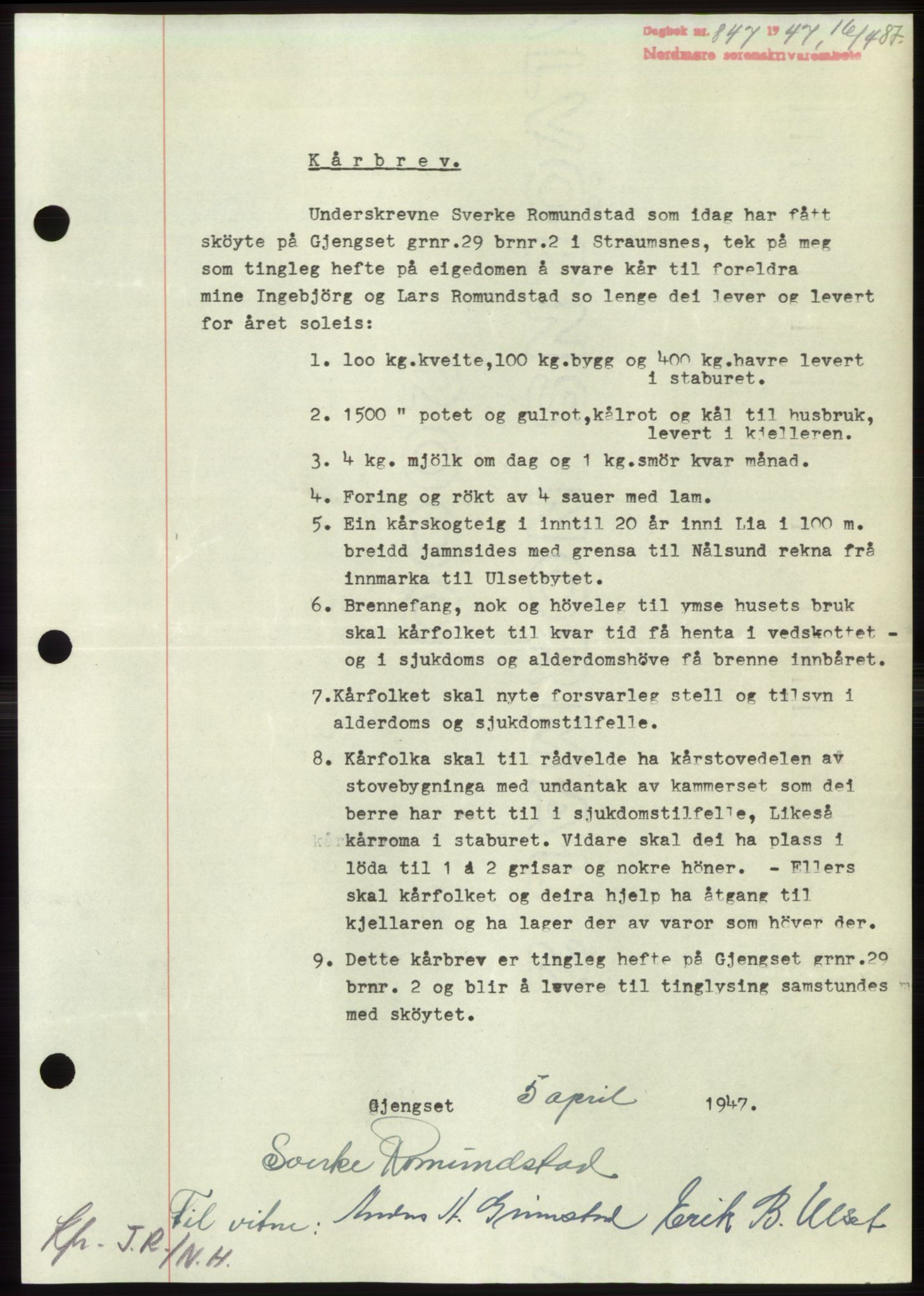 Nordmøre sorenskriveri, AV/SAT-A-4132/1/2/2Ca: Mortgage book no. B96, 1947-1947, Diary no: : 847/1947