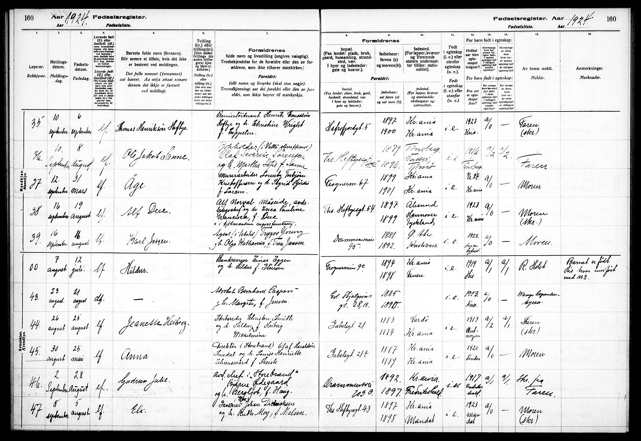 Frogner prestekontor Kirkebøker, AV/SAO-A-10886/J/Ja/L0001: Birth register no. 1, 1916-1927, p. 160