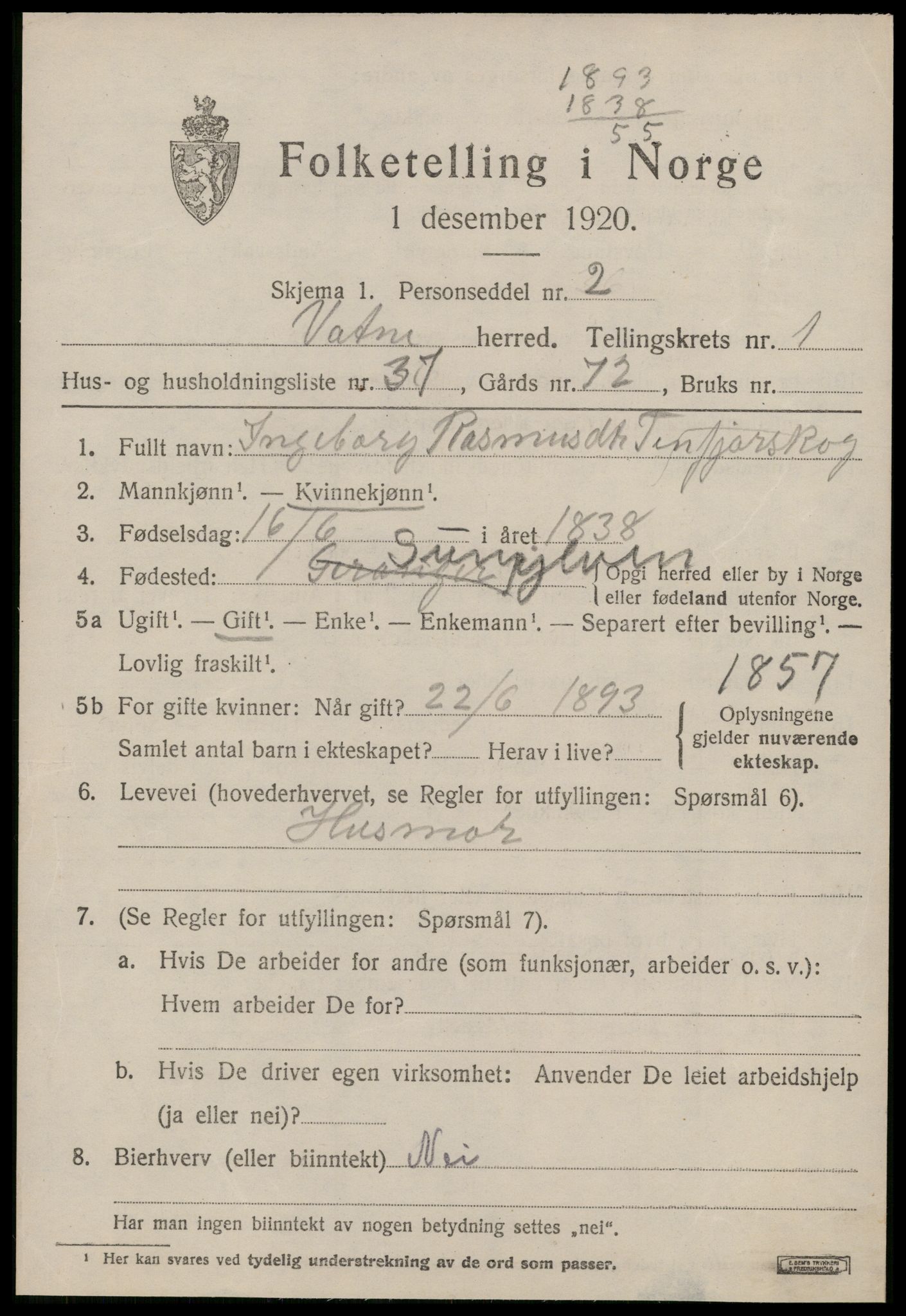 SAT, 1920 census for Vatne, 1920, p. 1078