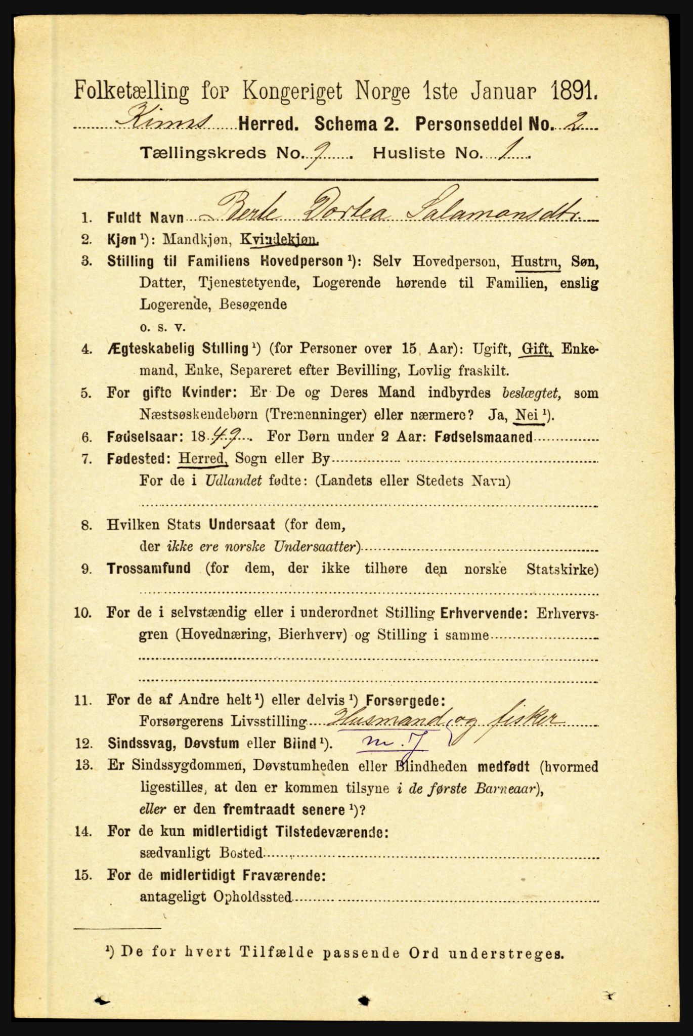 RA, 1891 census for 1437 Kinn, 1891, p. 3459