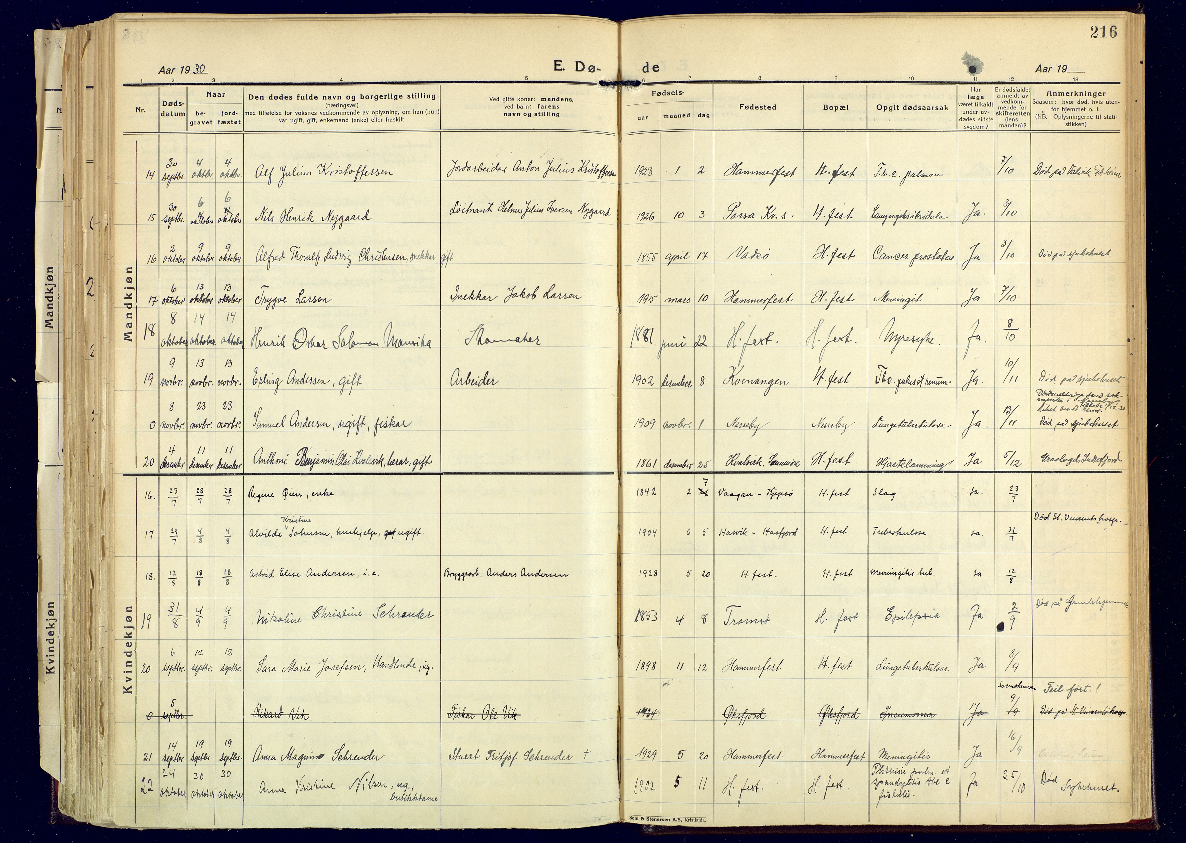 Hammerfest sokneprestkontor, AV/SATØ-S-1347/H/Ha/L0017.kirke: Parish register (official) no. 17, 1923-1933, p. 216