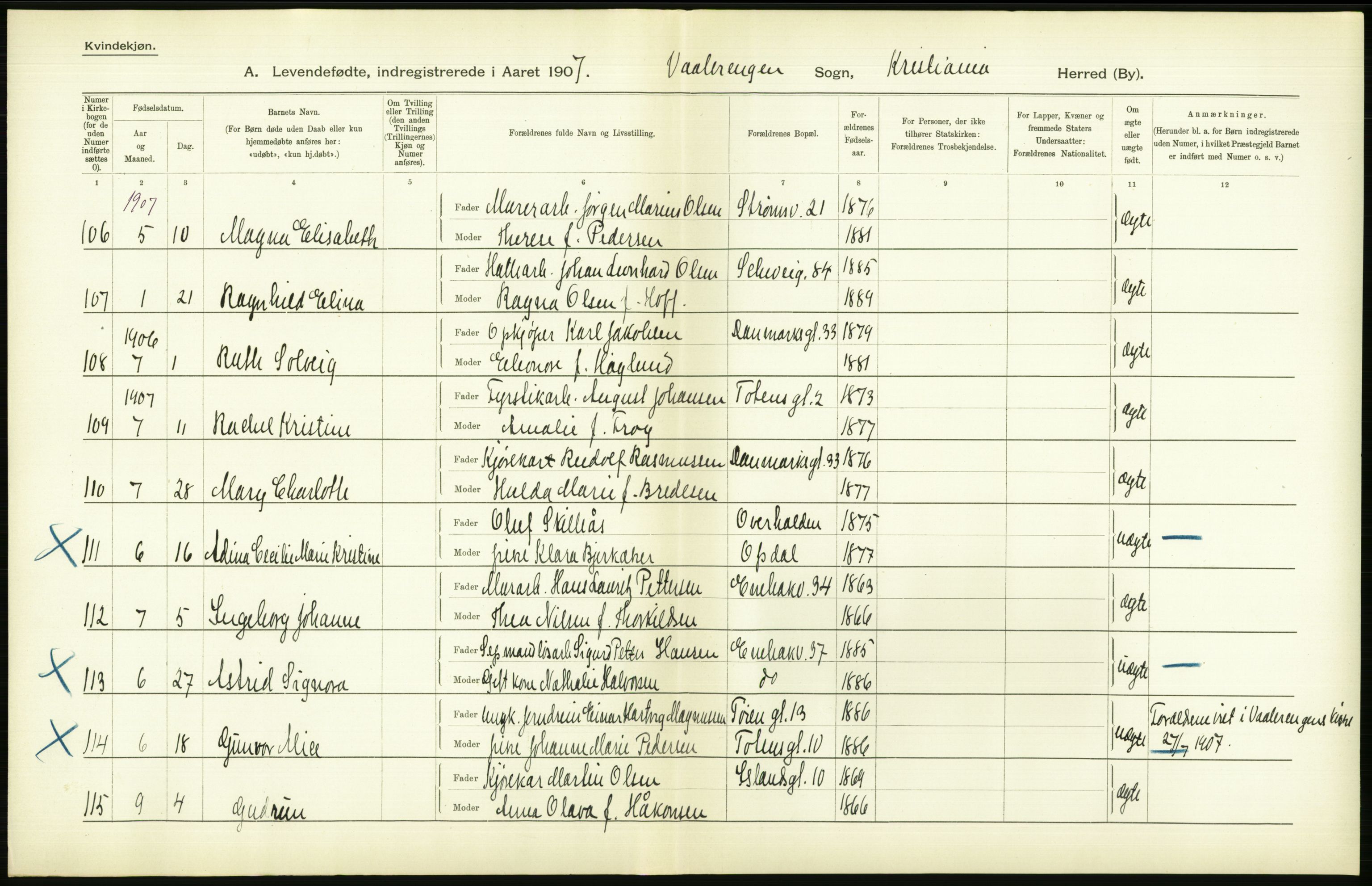 Statistisk sentralbyrå, Sosiodemografiske emner, Befolkning, AV/RA-S-2228/D/Df/Dfa/Dfae/L0007: Kristiania: Levendefødte menn og kvinner., 1907, p. 554