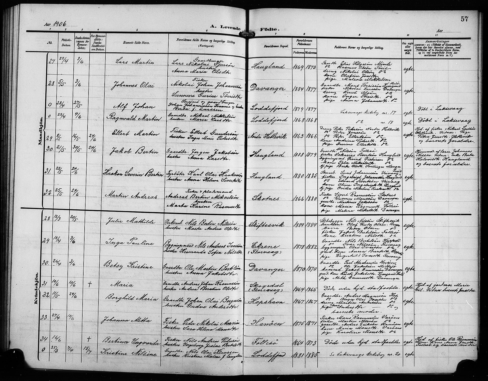 Askøy Sokneprestembete, AV/SAB-A-74101/H/Ha/Hab/Haba/L0010: Parish register (copy) no. A 10, 1903-1907, p. 57