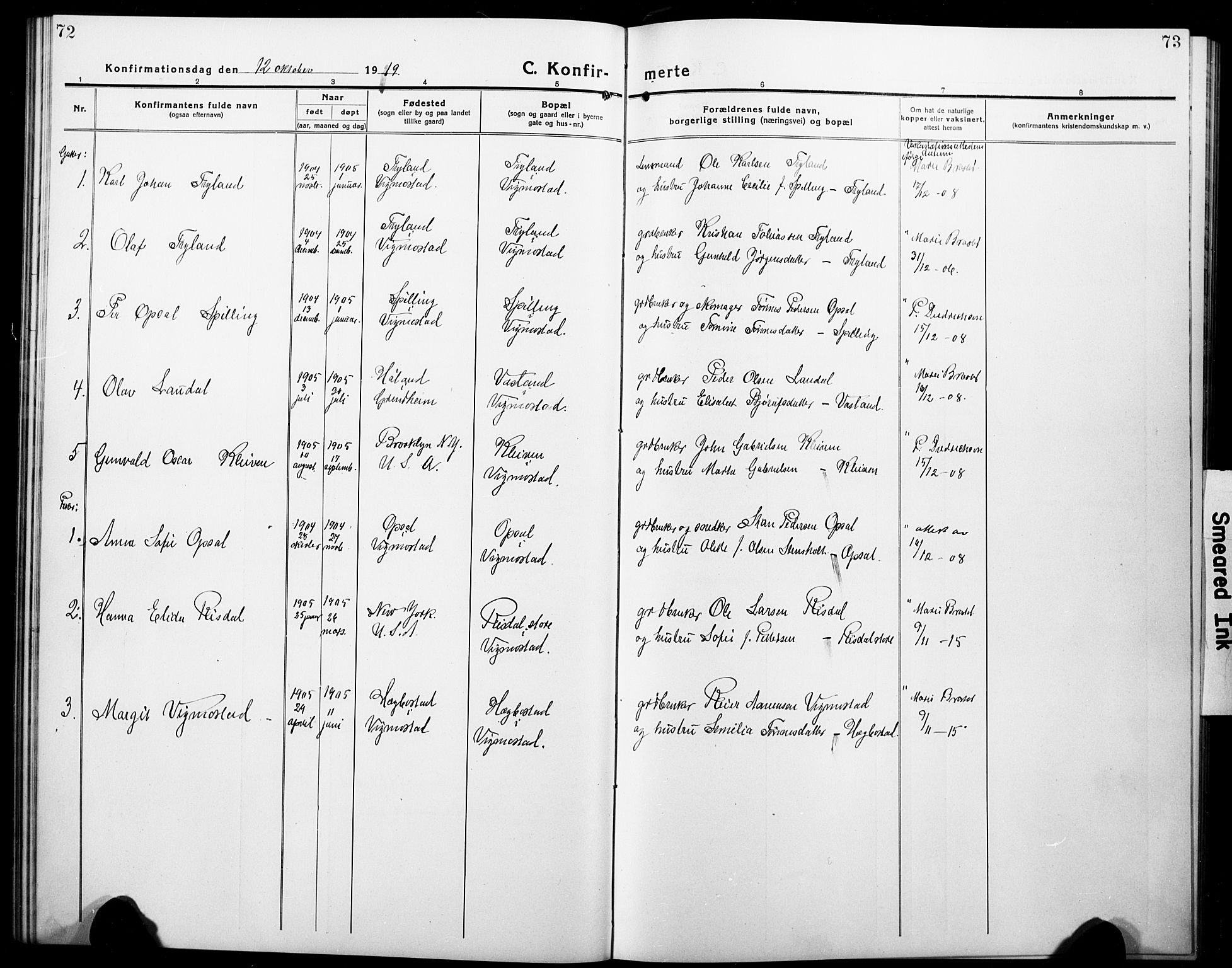 Nord-Audnedal sokneprestkontor, AV/SAK-1111-0032/F/Fb/Fbb/L0005: Parish register (copy) no. B 5, 1918-1929, p. 72-73