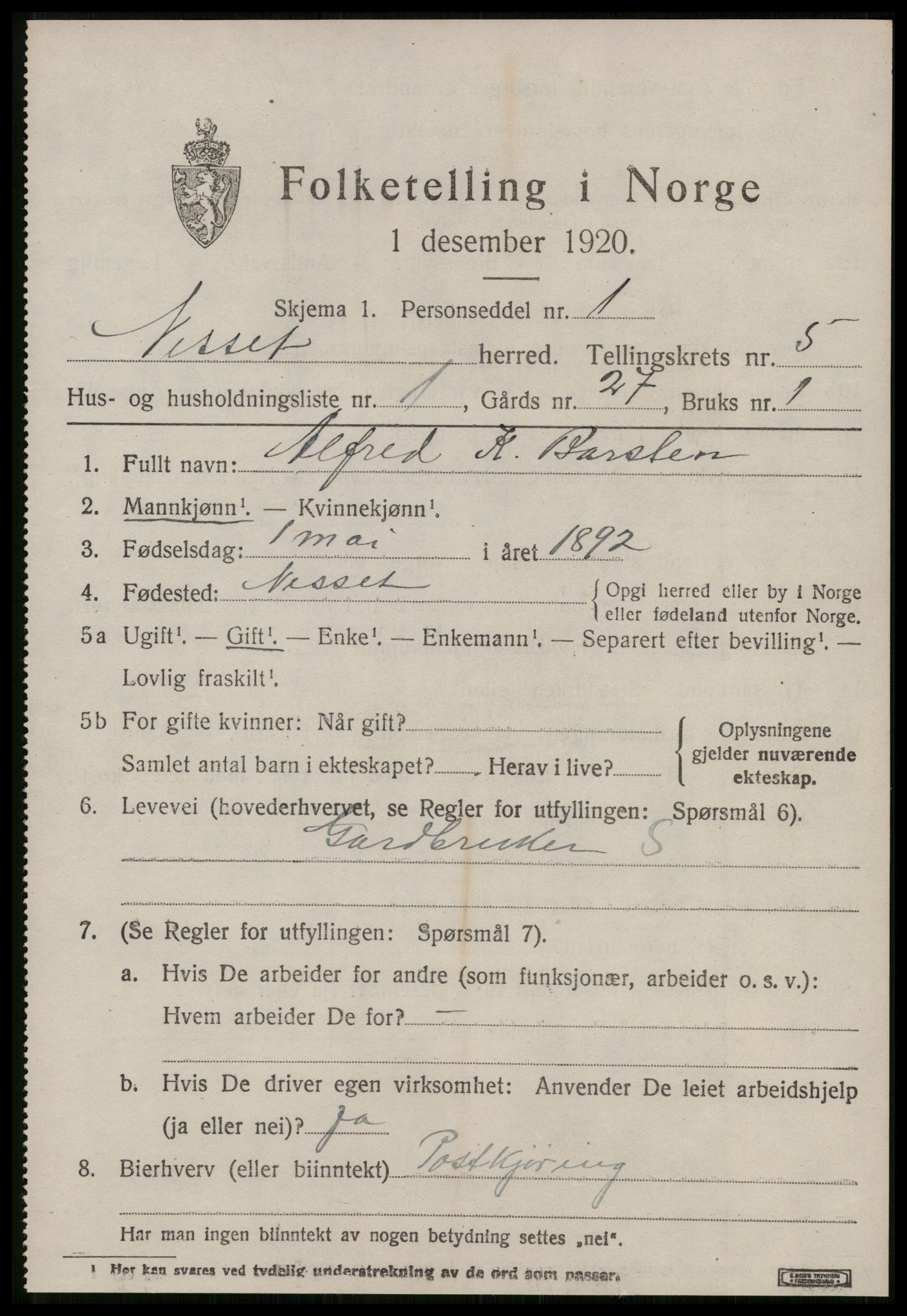SAT, 1920 census for Nesset, 1920, p. 2210