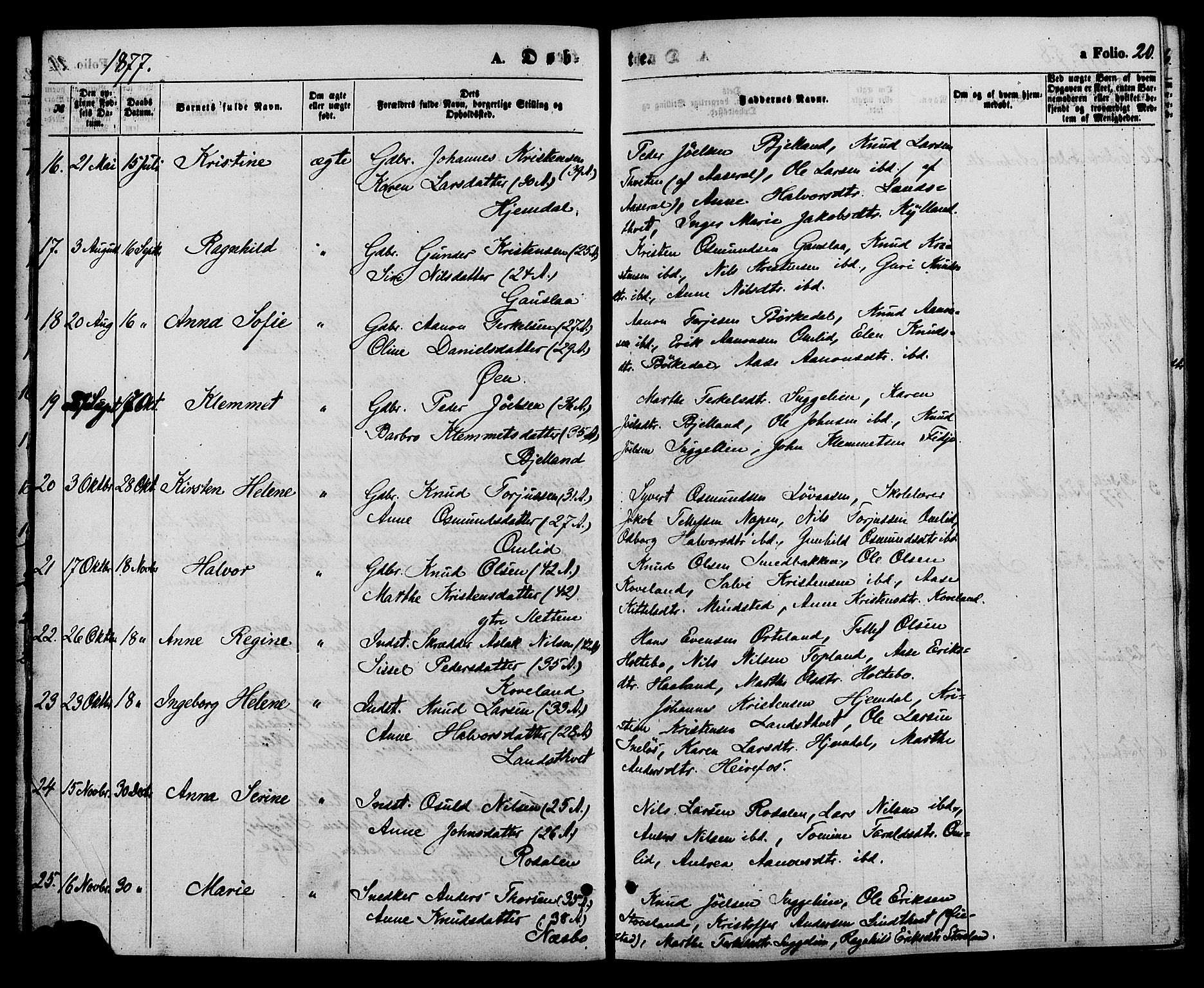 Herefoss sokneprestkontor, AV/SAK-1111-0019/F/Fa/Faa/L0002: Parish register (official) no. A 2, 1861-1886, p. 20