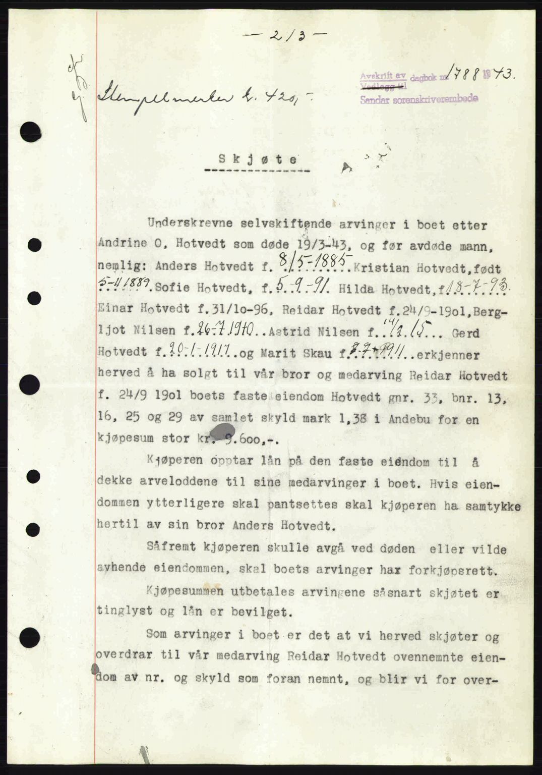Jarlsberg sorenskriveri, SAKO/A-131/G/Ga/Gaa/L0014: Mortgage book no. A-14, 1943-1943, Diary no: : 1788/1943