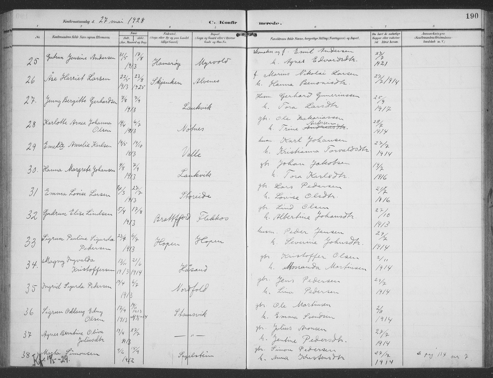 Ministerialprotokoller, klokkerbøker og fødselsregistre - Nordland, SAT/A-1459/858/L0835: Parish register (copy) no. 858C02, 1904-1940, p. 190